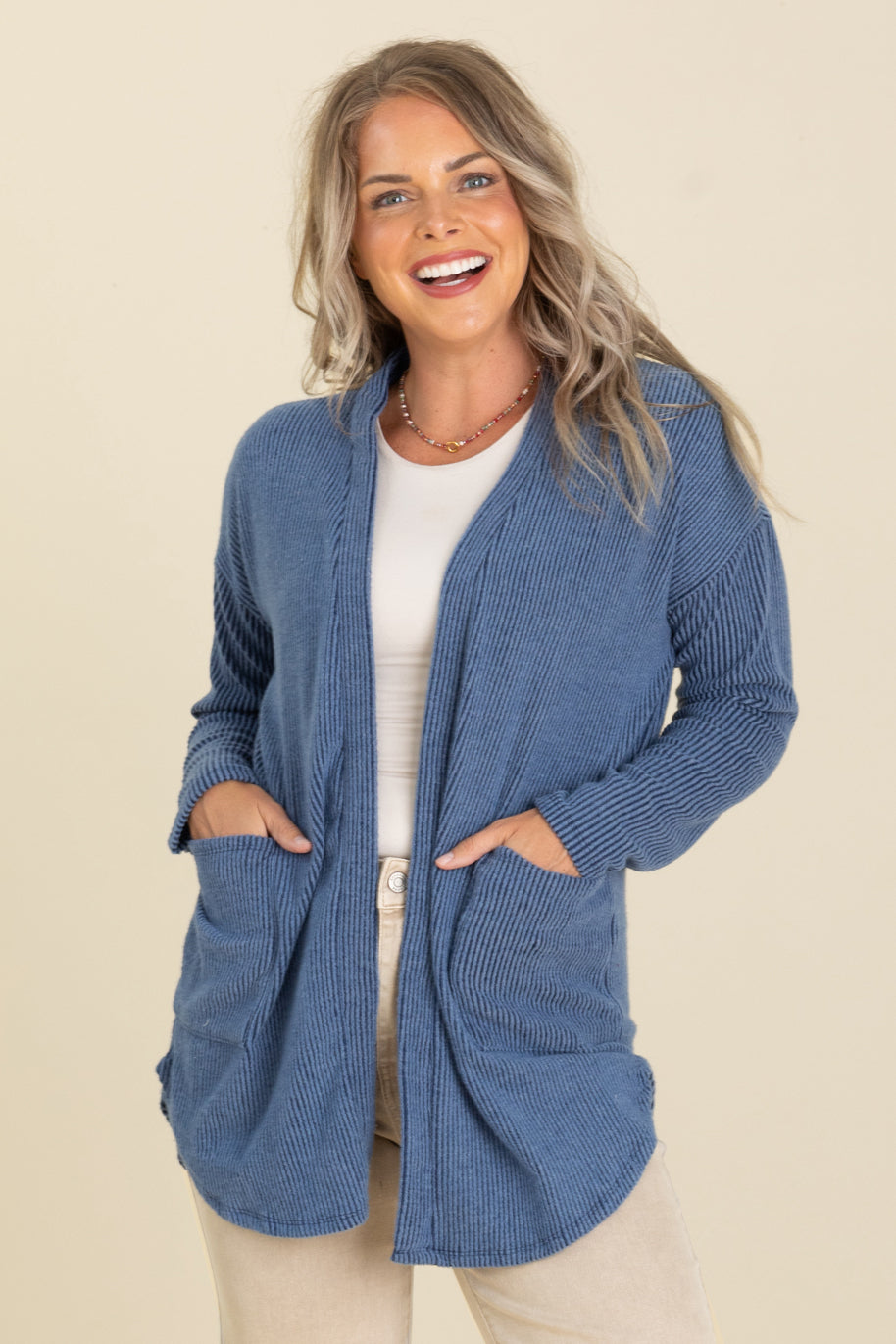Solid Ribbed Cardigan With Front Pockets
