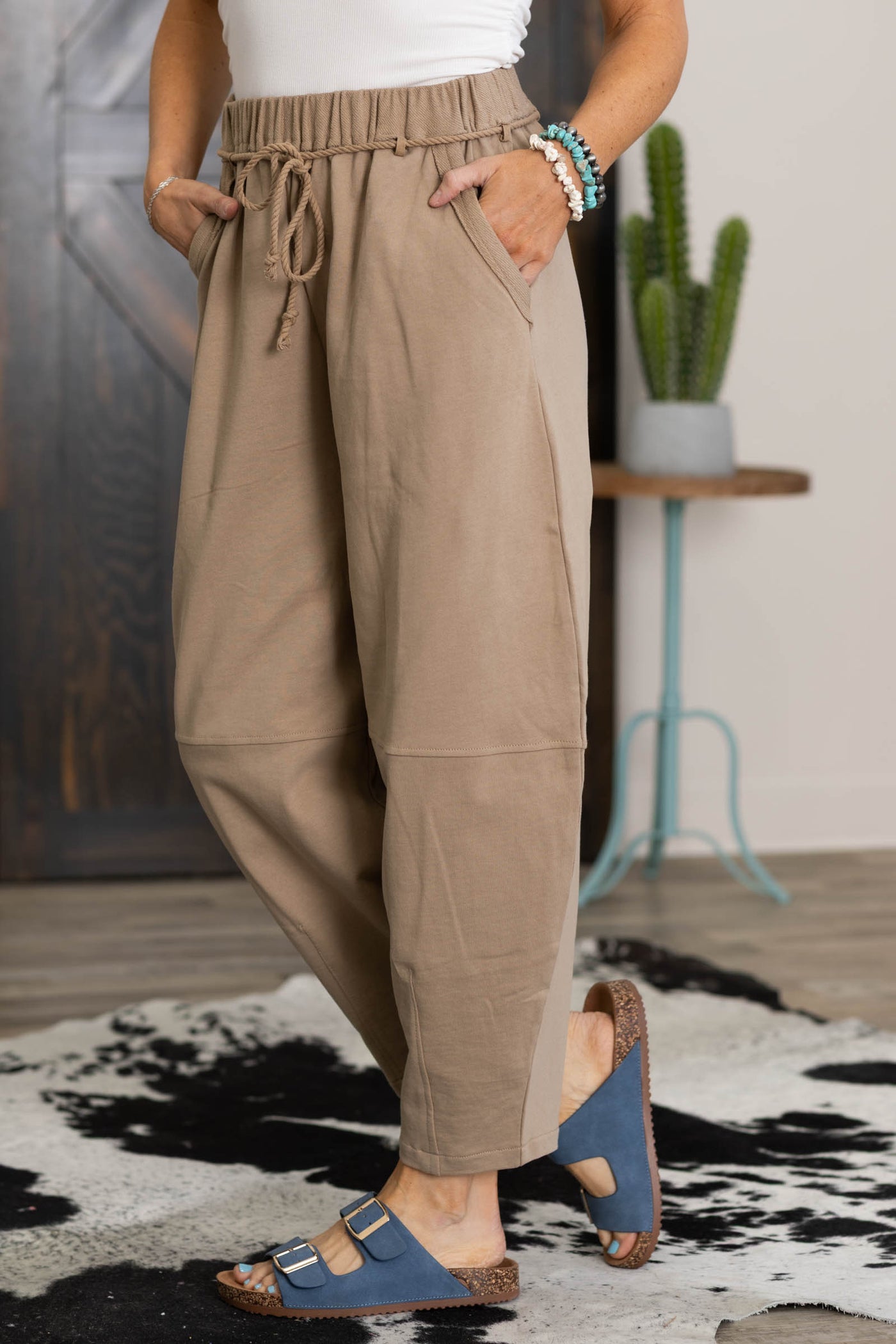 Taupe Braid Waist Barrel Pants