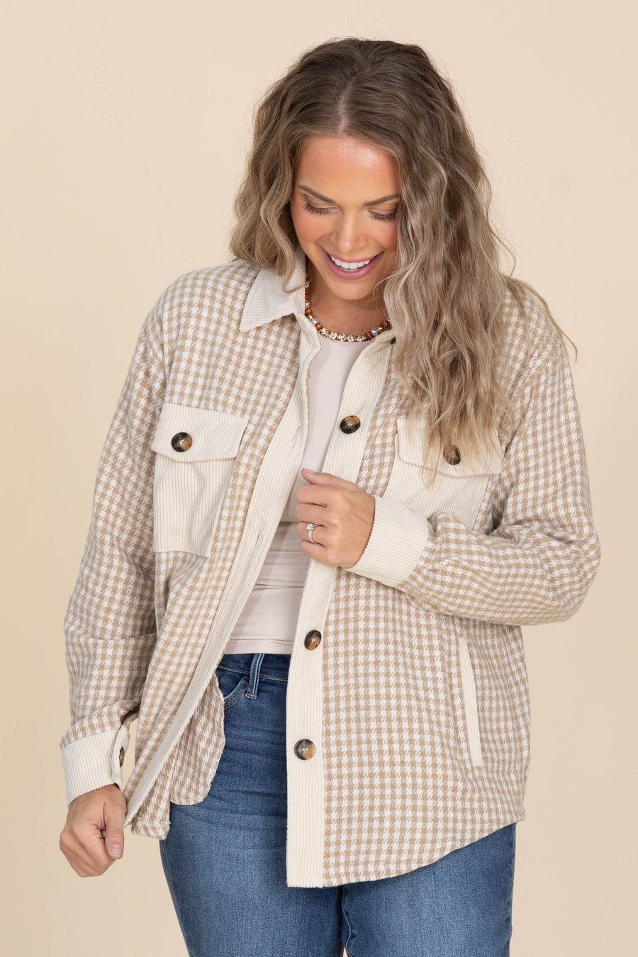 Beige Mini Checker Shacket