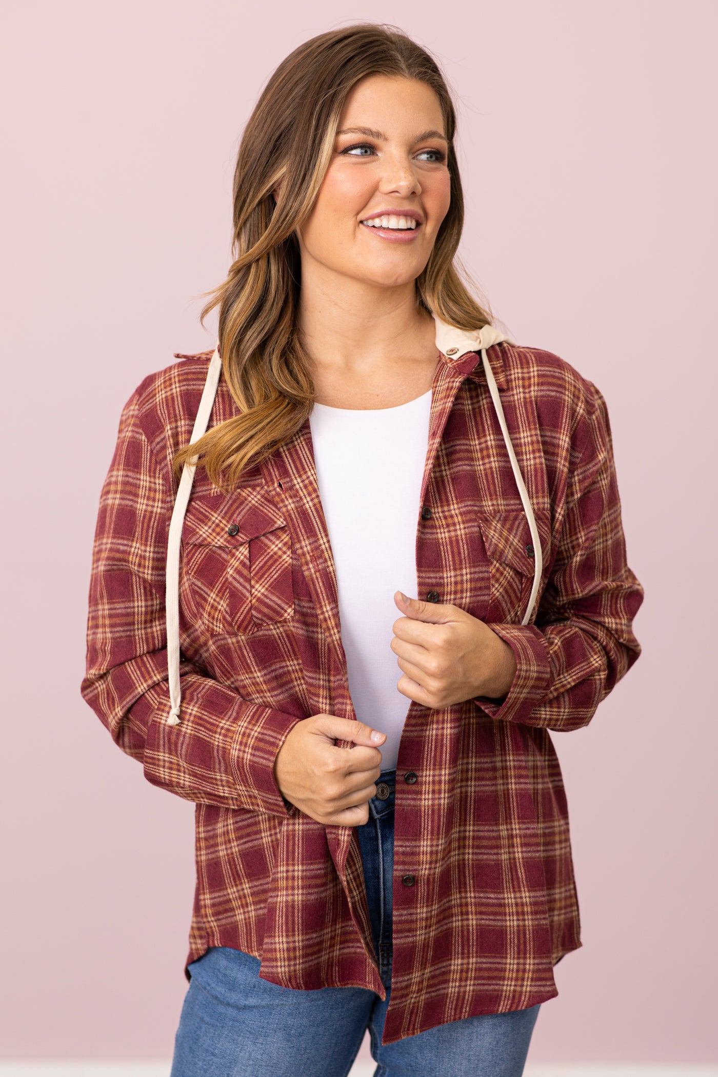 Burgundy and Tan Plaid Hooded Button Up Top