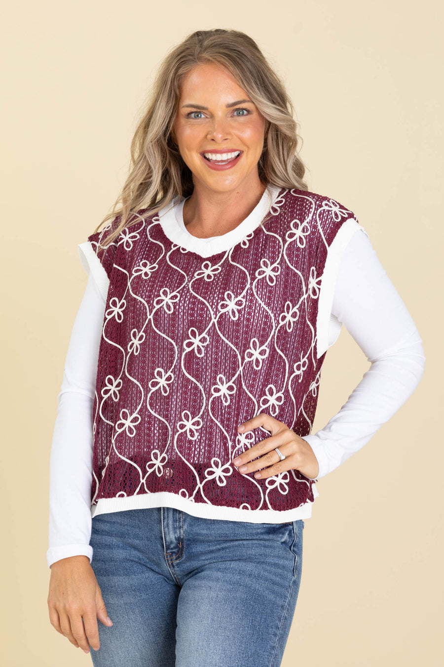 Burgundy Embroidery Knitted Jersey Vest