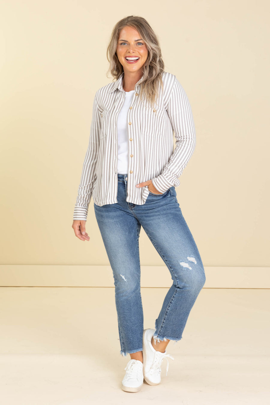 Light Mocha Stripe Knit Button Up Top