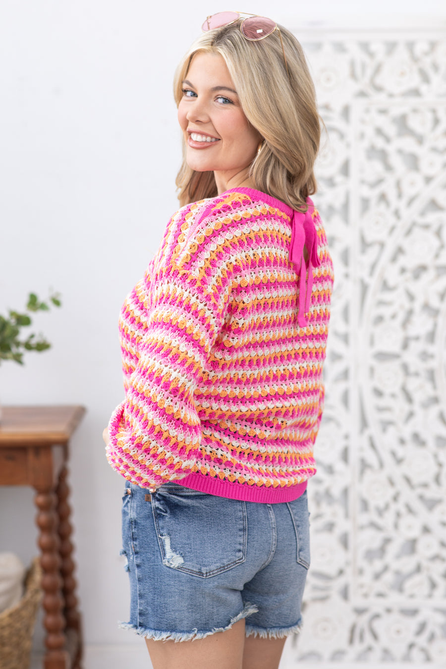 Pink Multicolor Stripe Knit Pullover Sweater