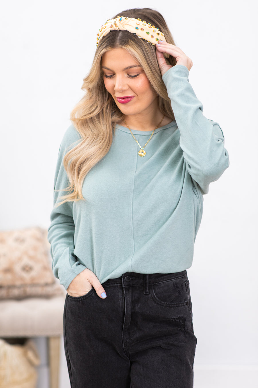 Light Sage Dolman Sleeve Oversized Knit Top