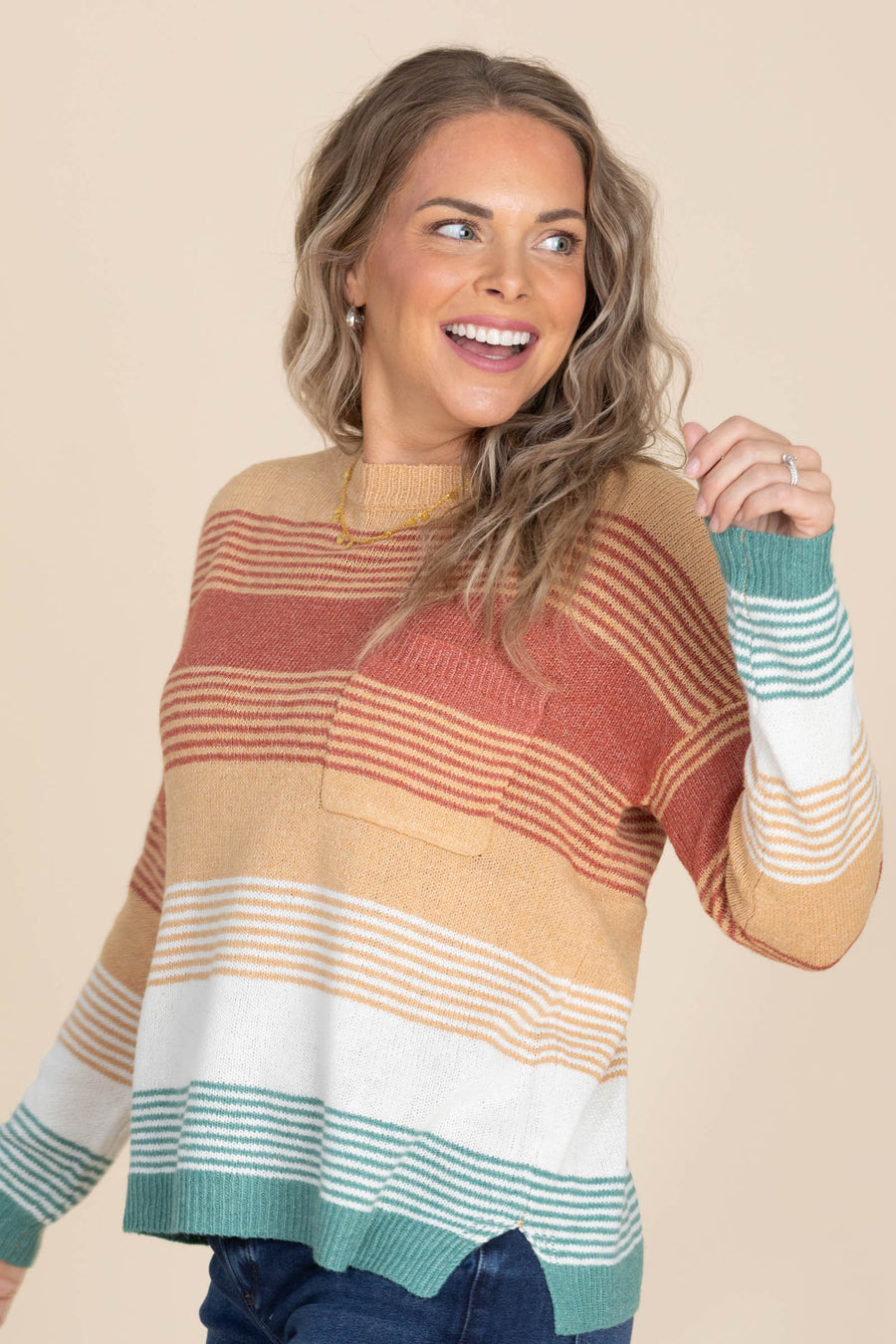 Camel And Rust Colorblock Stripes Knit Sweater