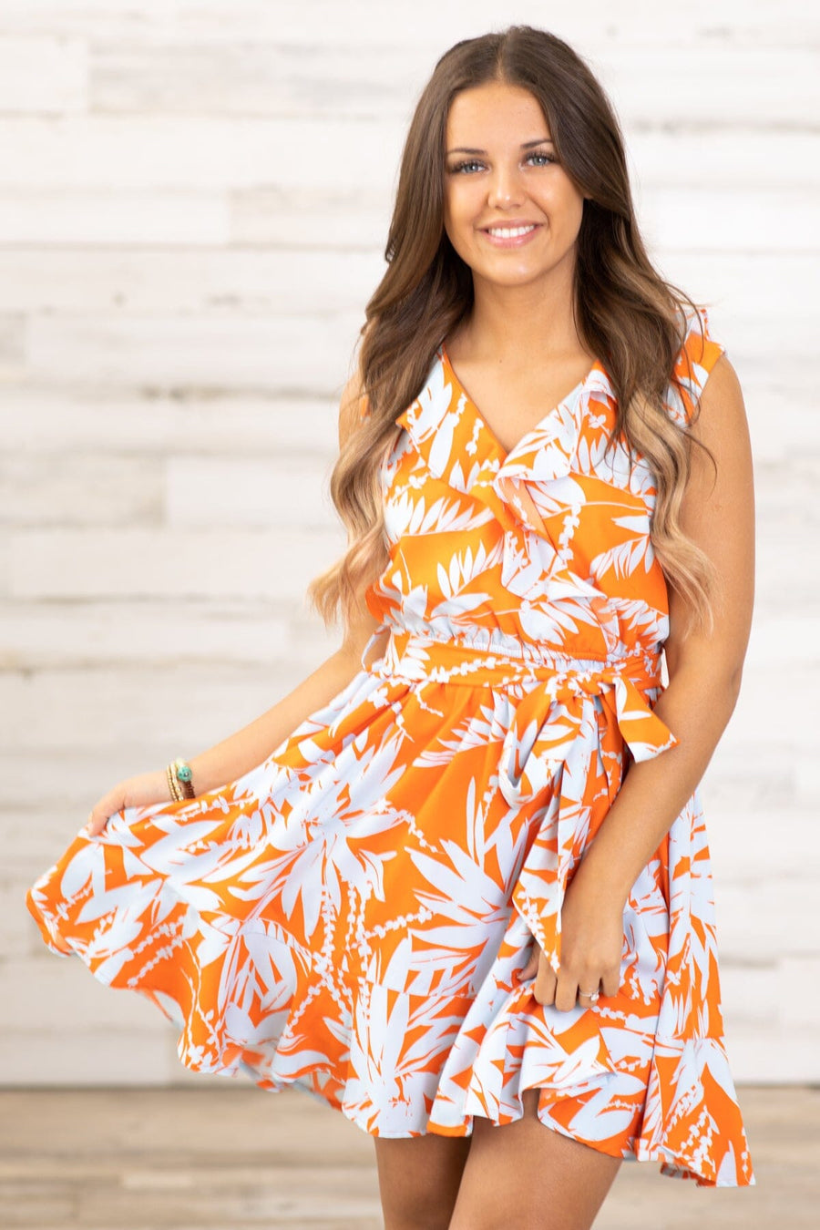 Orange Palm Print Self Tie Waist Dress - Filly Flair