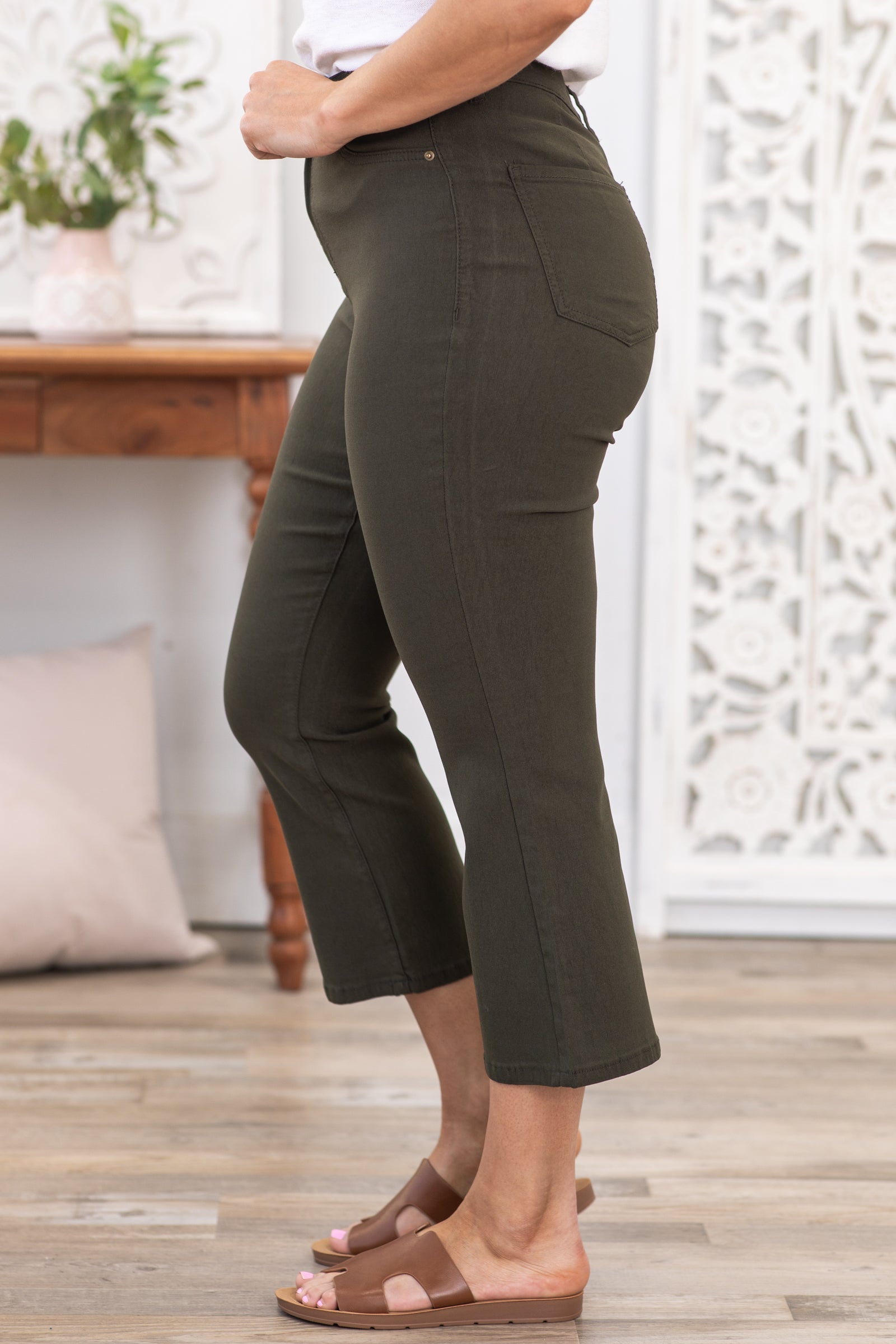 YMI Olive Hyperstretch Cropped Flare Pants