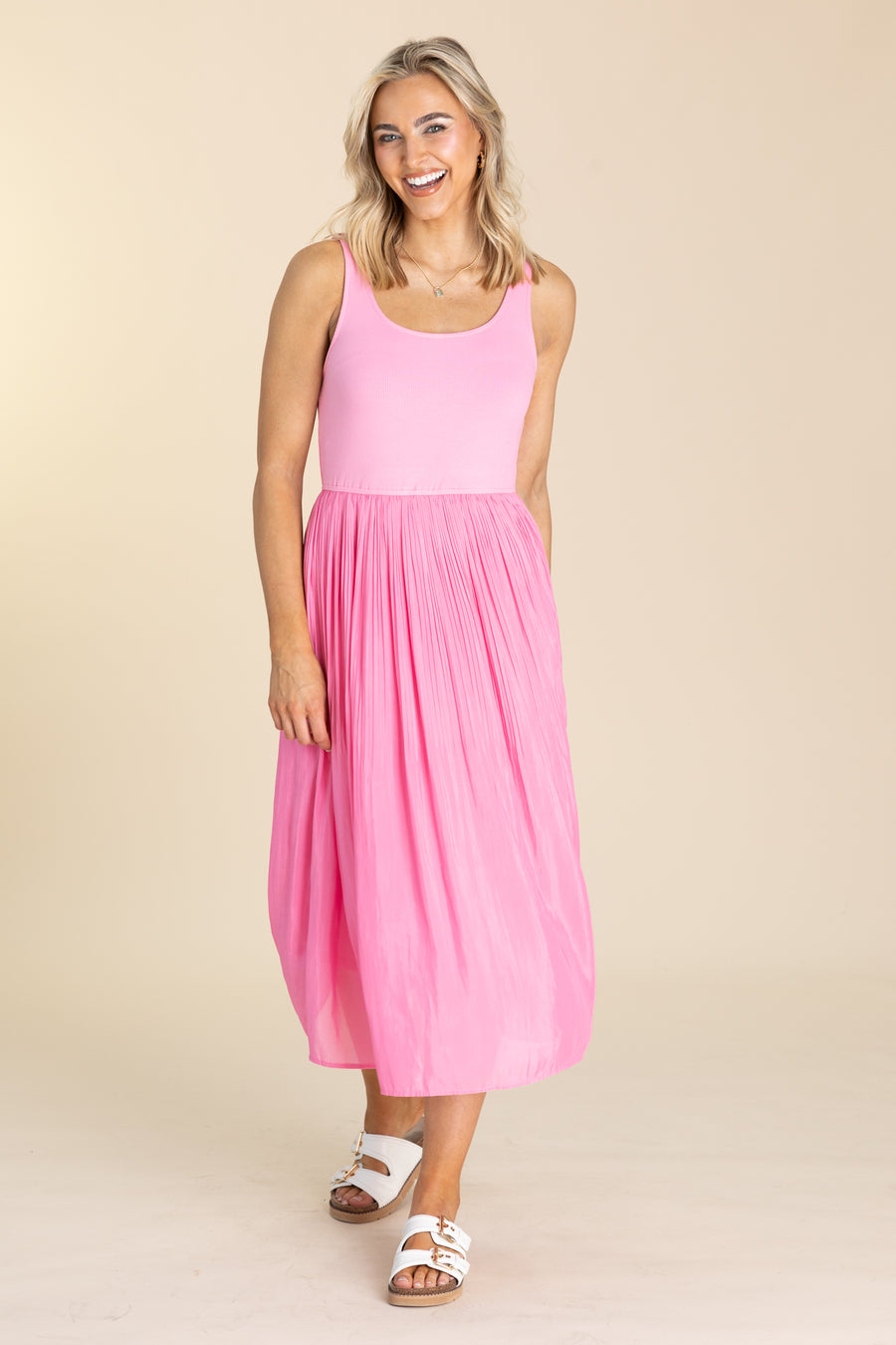 Pink Scoop Neck Pleated Skirt Tank Dress