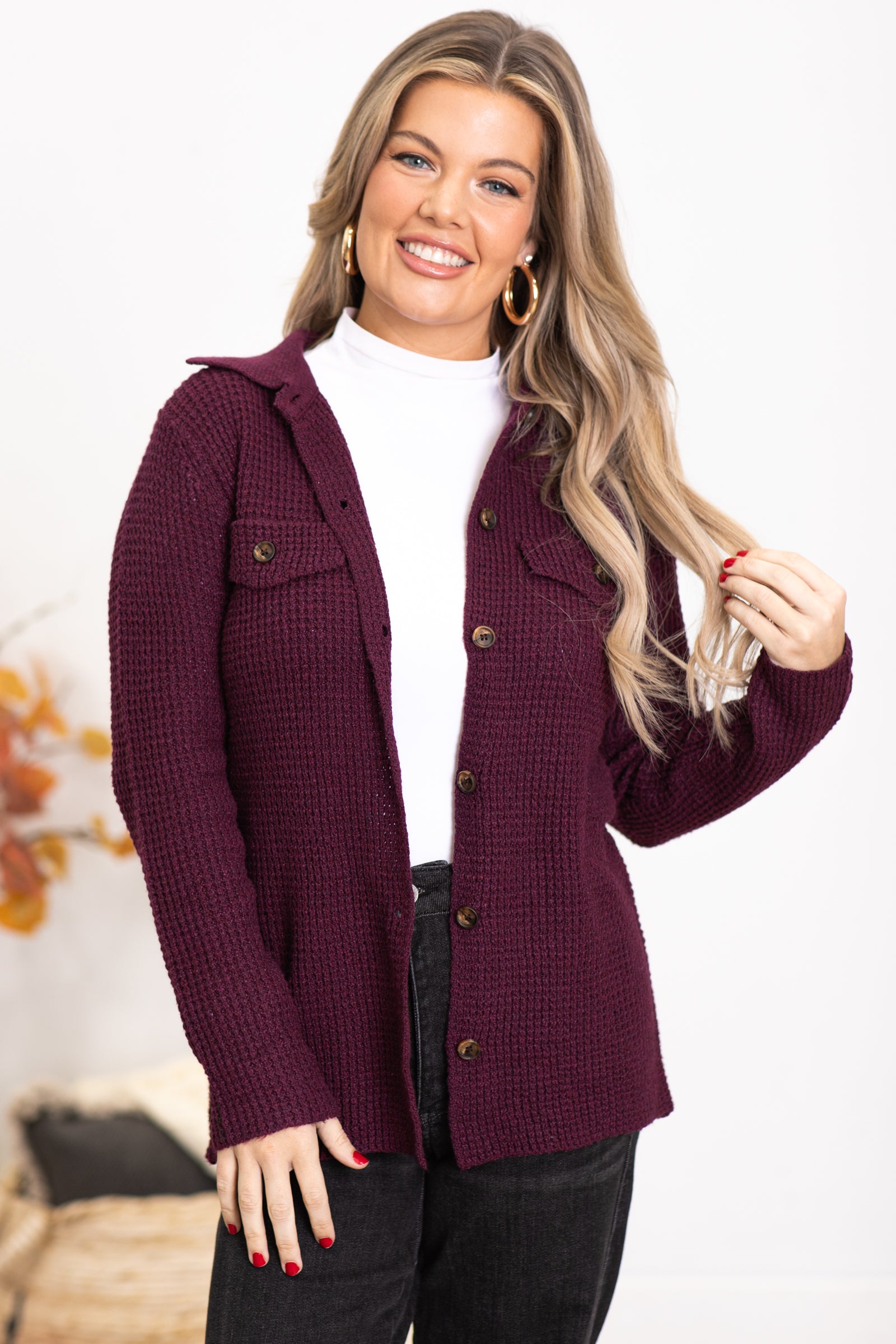 Berry Waffle Knit Sweater Jacket