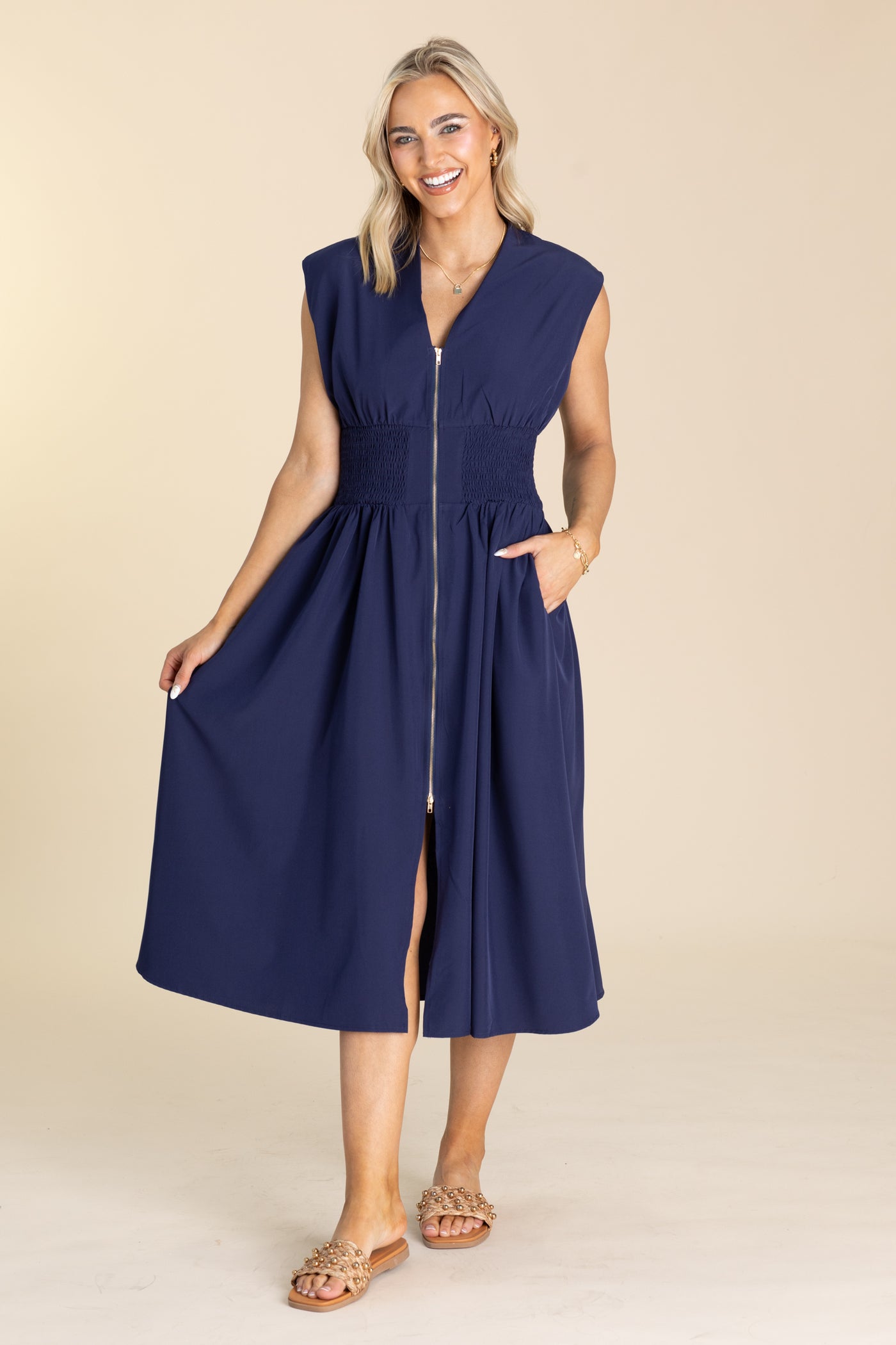 Navy Smocked Waist Dress With Front Zipper