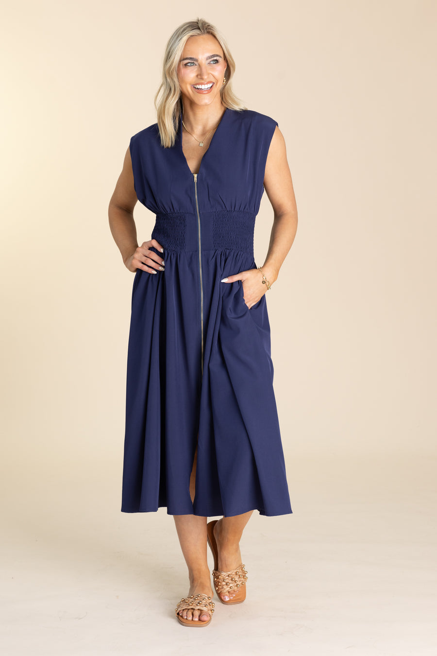 Navy Smocked Waist Dress With Front Zipper
