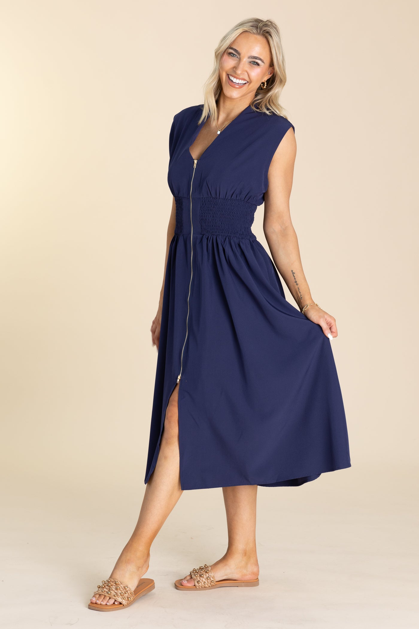 Navy Smocked Waist Dress With Front Zipper