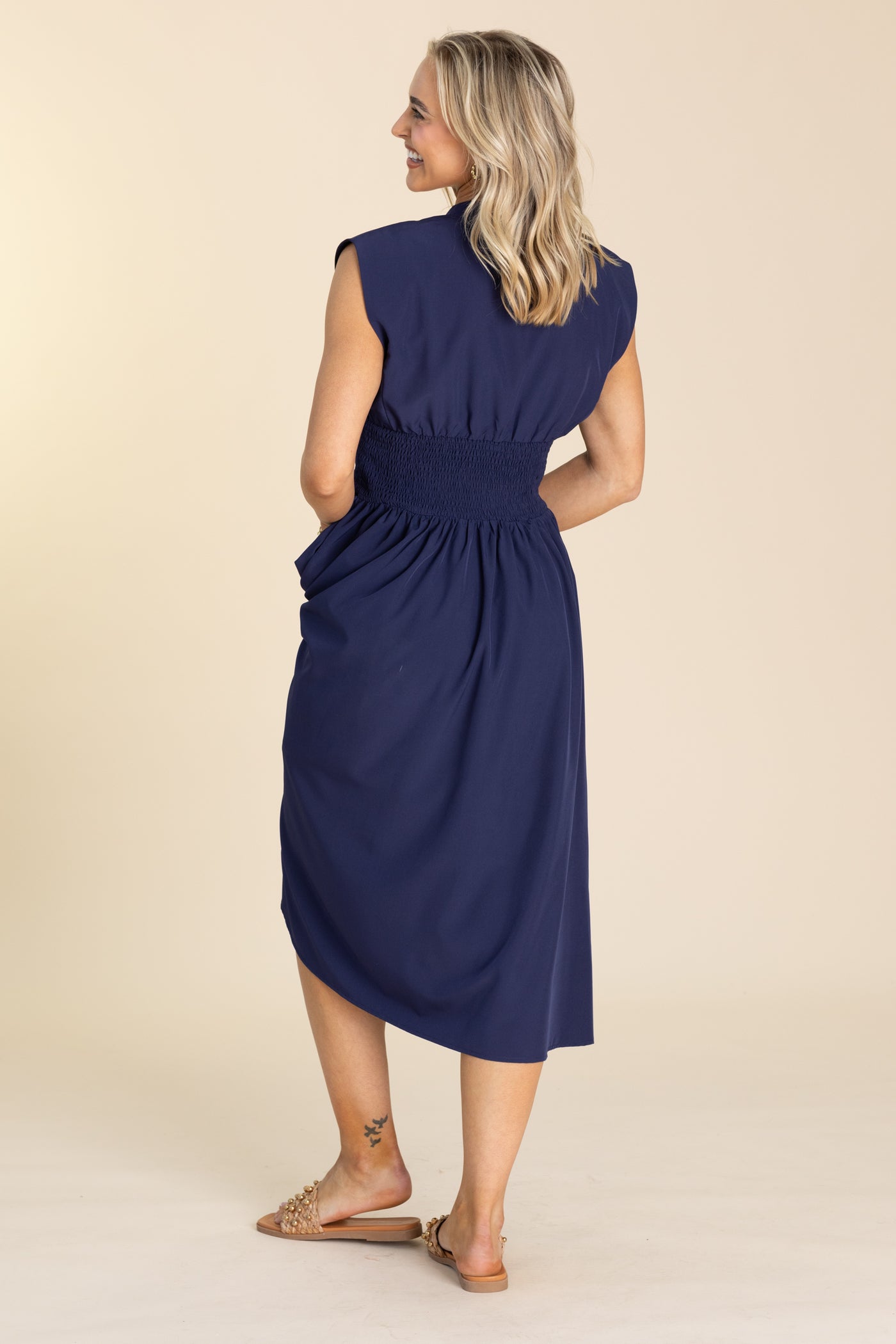 Navy Smocked Waist Dress With Front Zipper