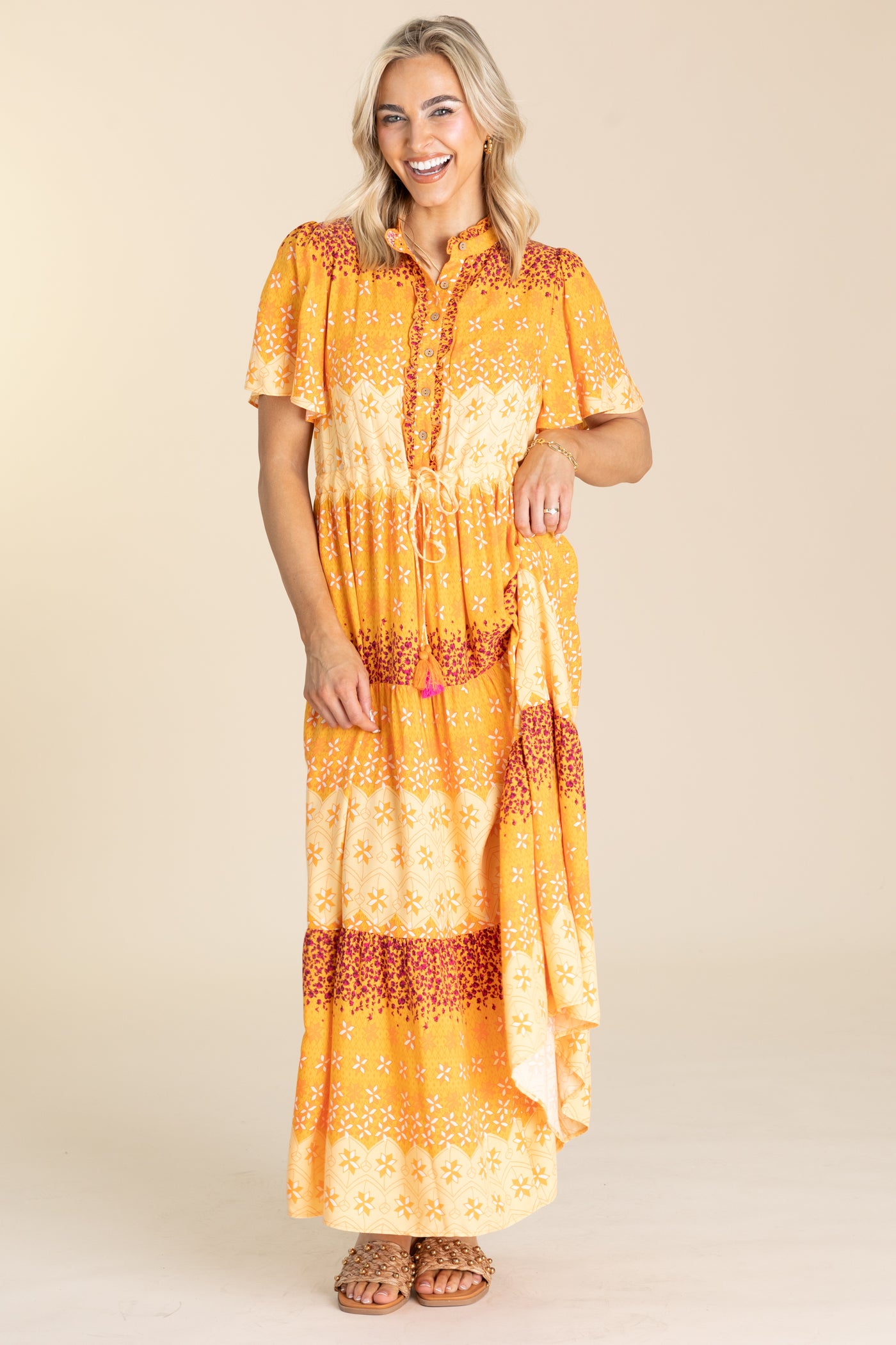 Tangerine Border Printed Challis Maxi Dress