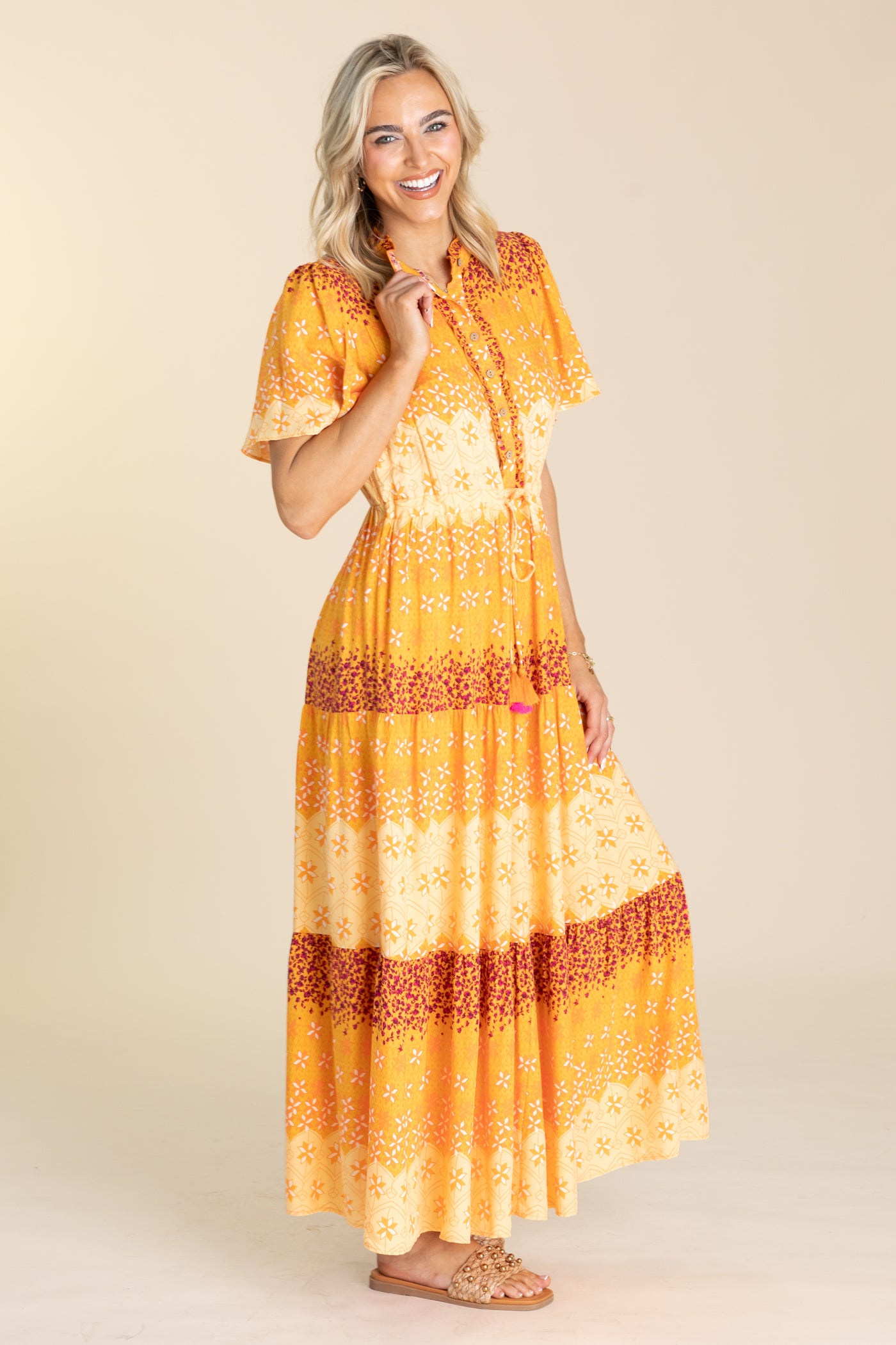 Tangerine Border Printed Challis Maxi Dress