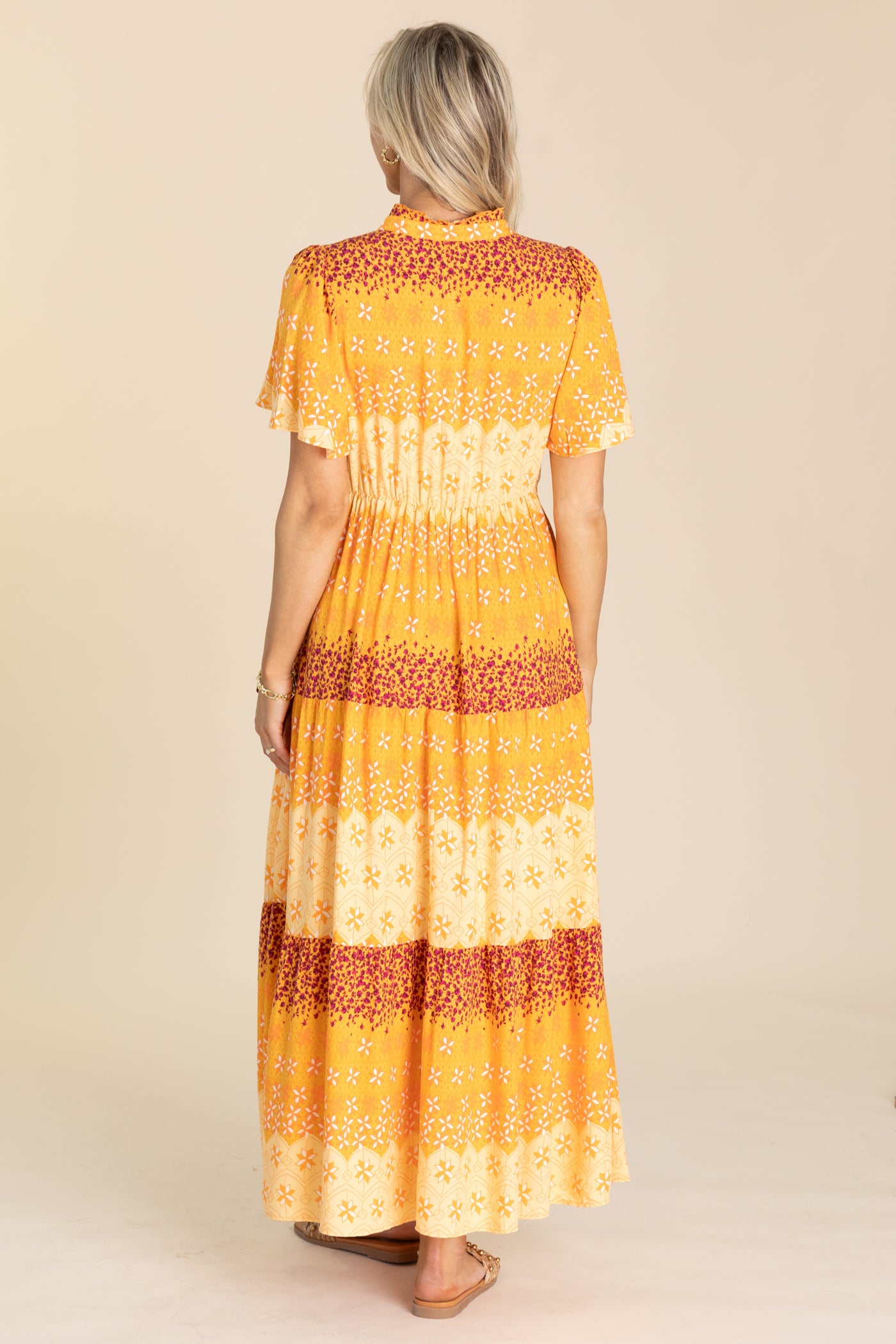 Tangerine Border Printed Challis Maxi Dress