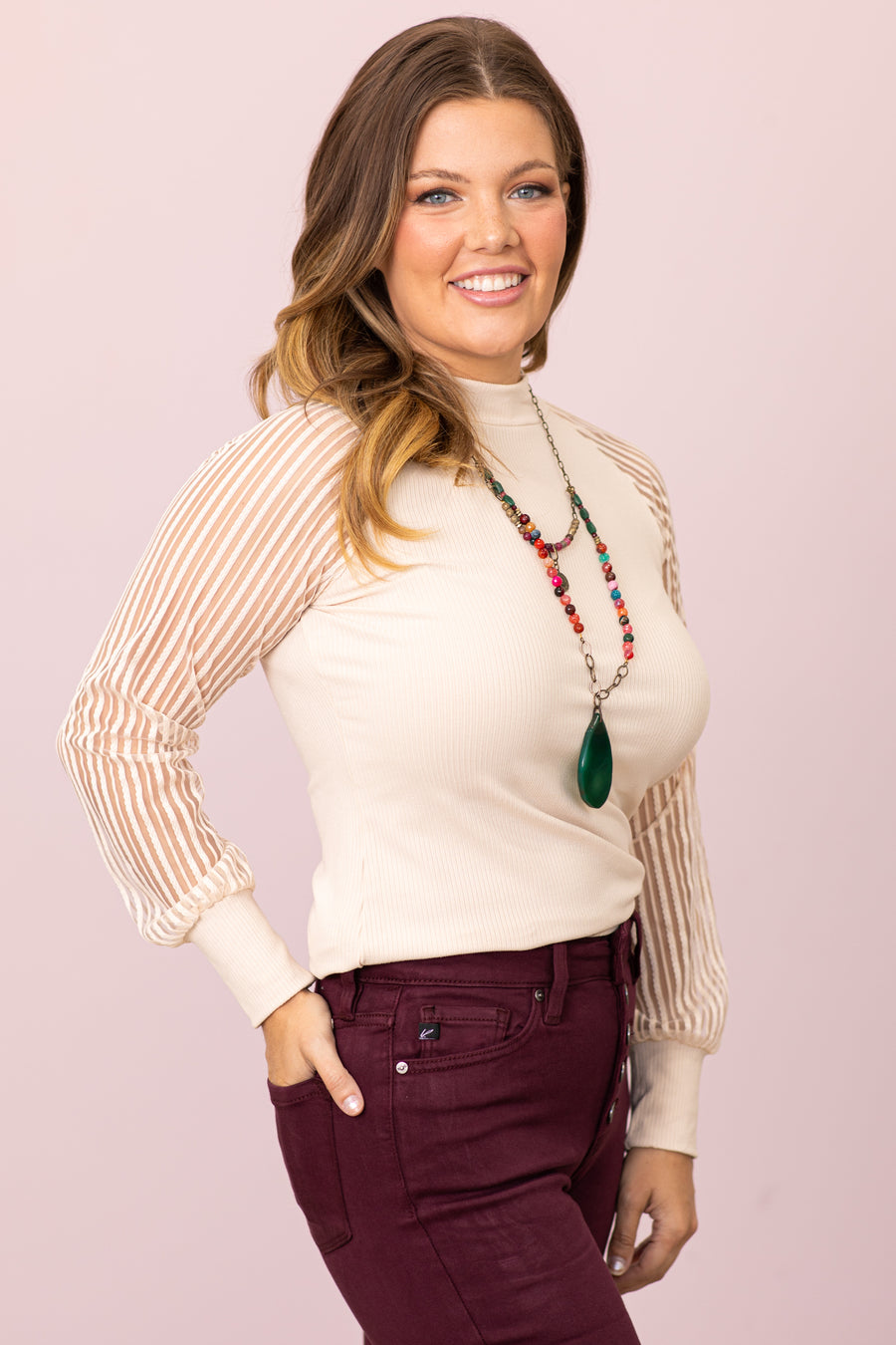 Beige Mesh Long Sleeve Detail Top