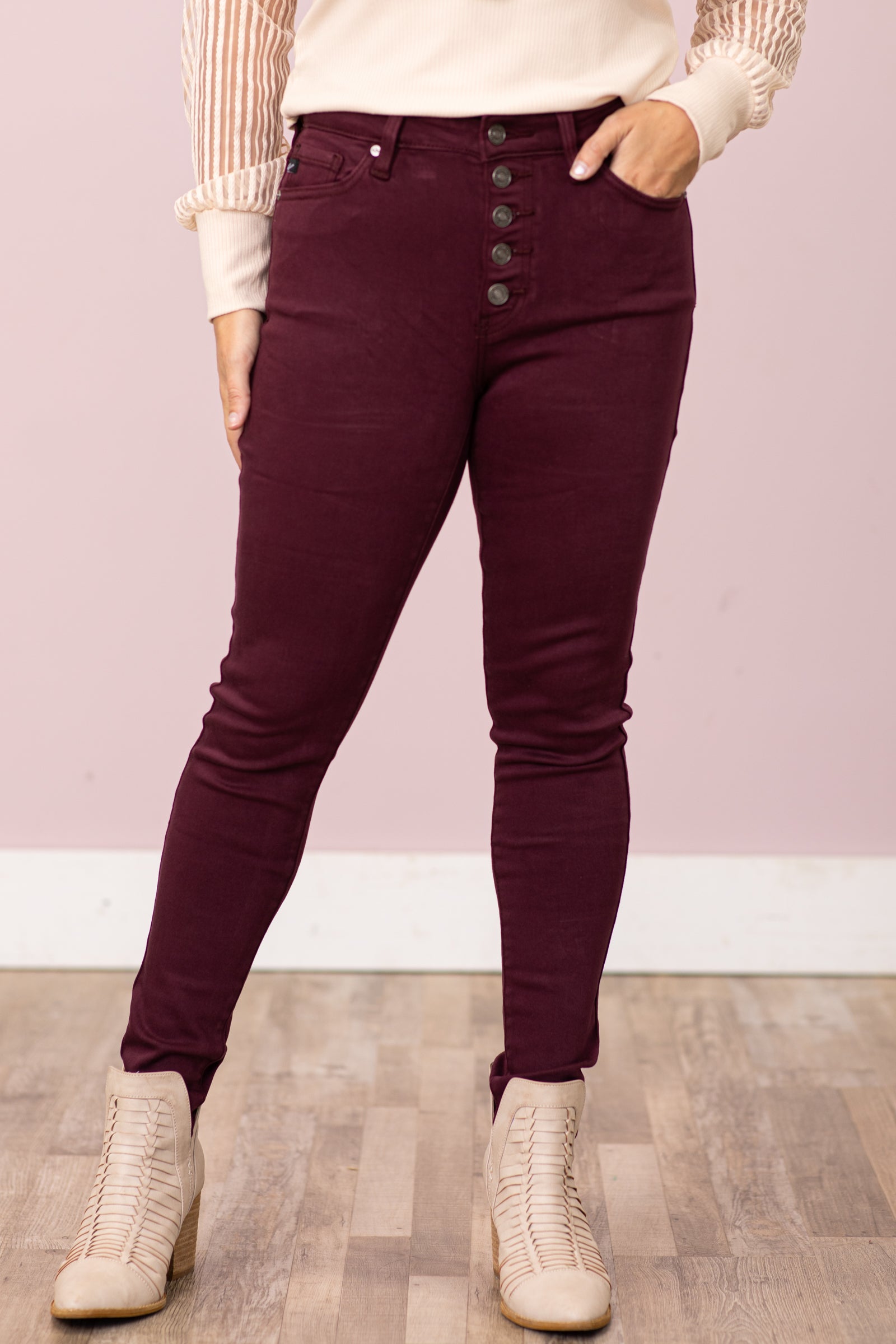 KanCan Dark Berry Button Fly Skinny Jeans