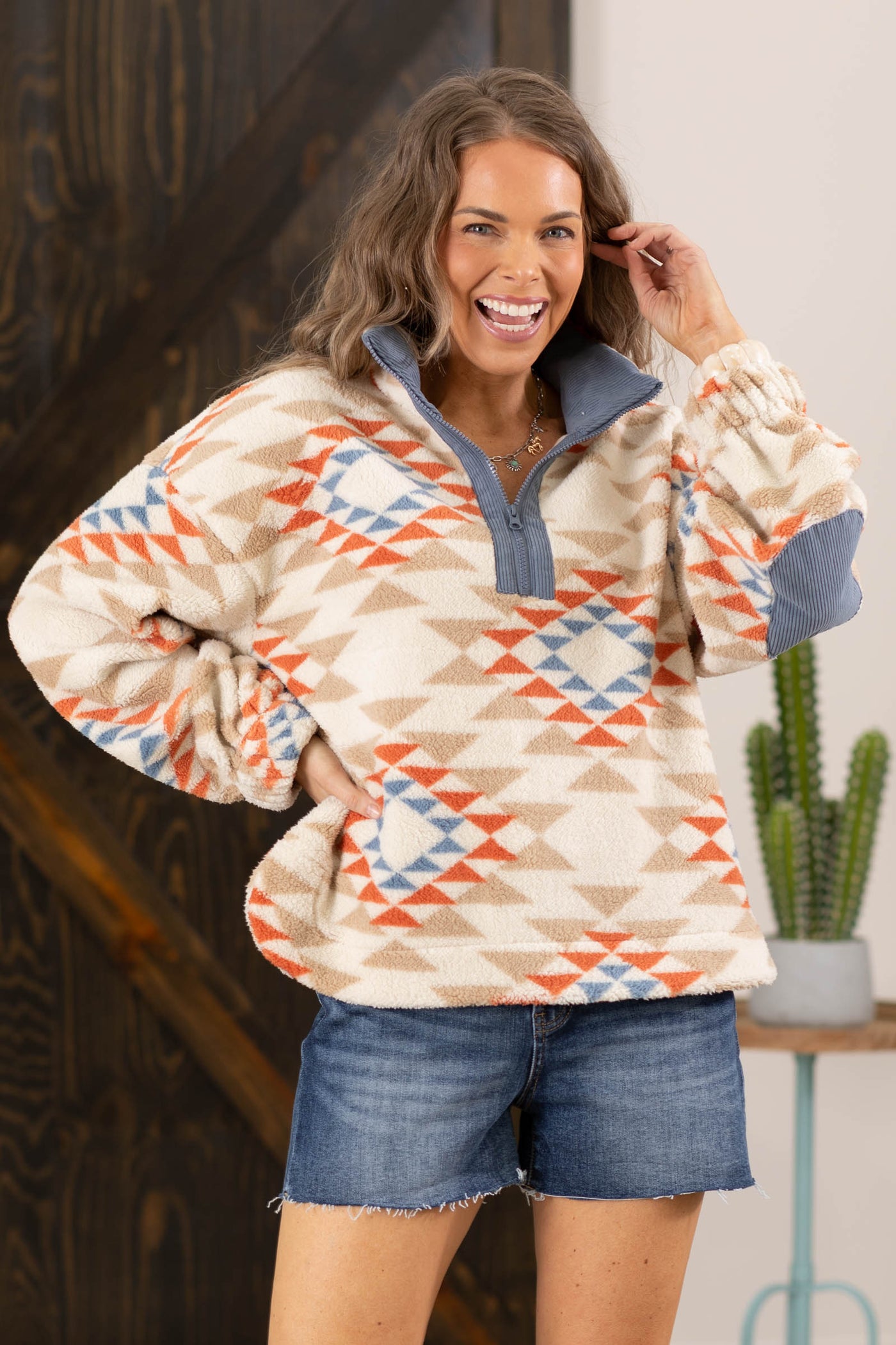 Quarter Zip Aztec Fleece Knit Top