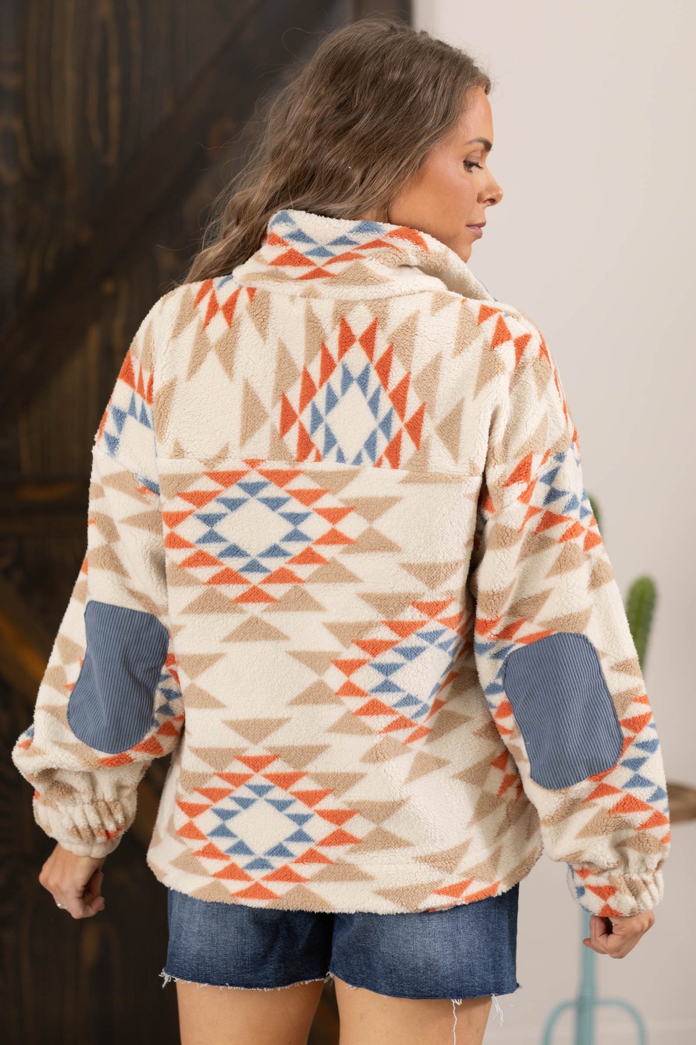 Quarter Zip Aztec Fleece Knit Top