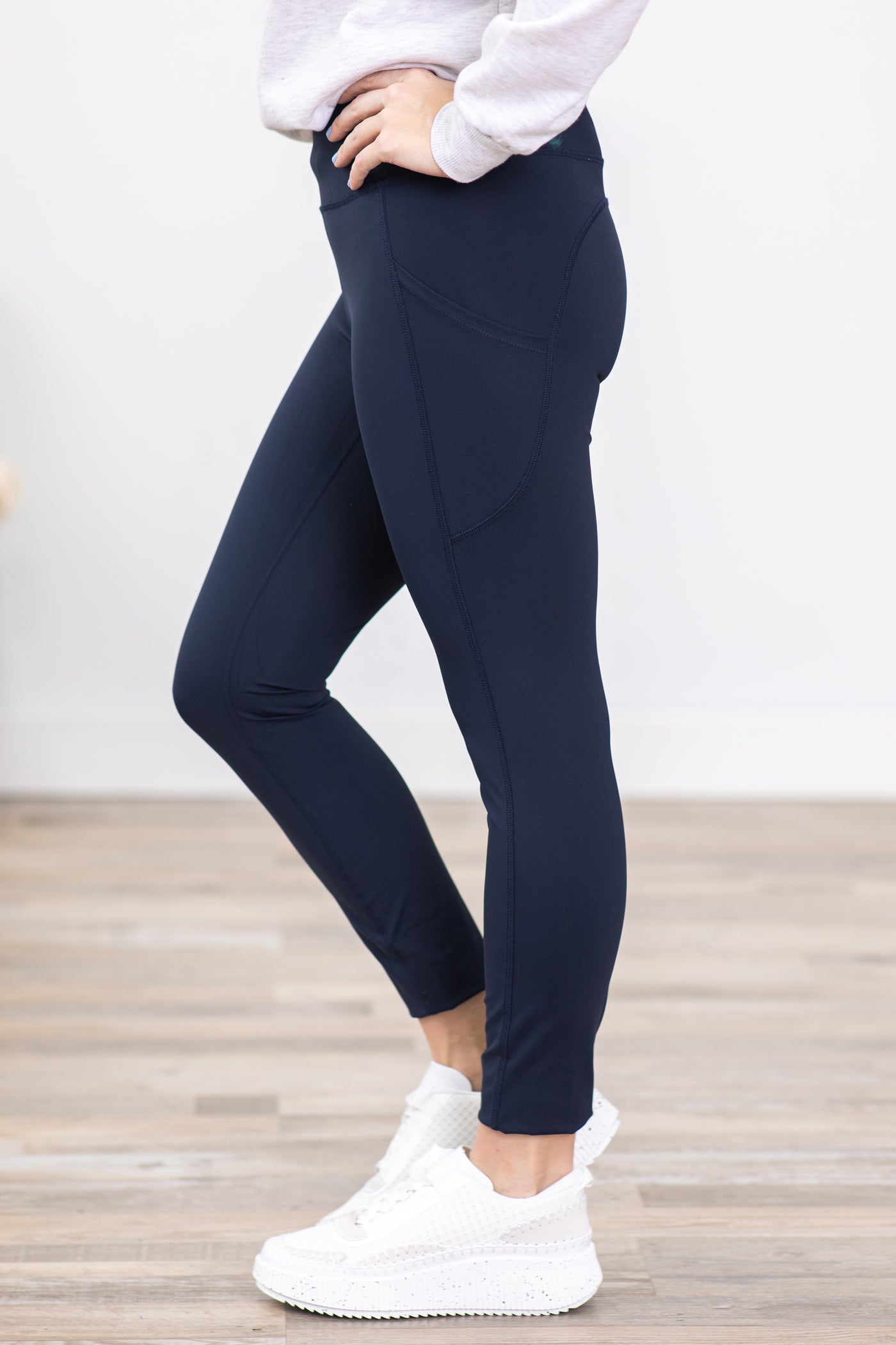 Navy Wide Waistband Leggings With Pocket · Filly Flair