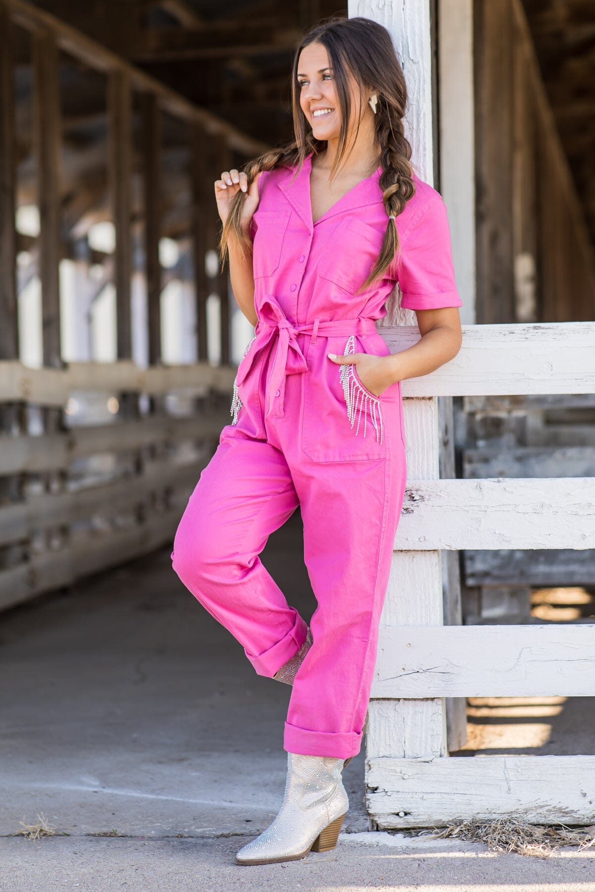 Pink Denim Jumpsuit Beaded Fringe Trim · Filly Flair