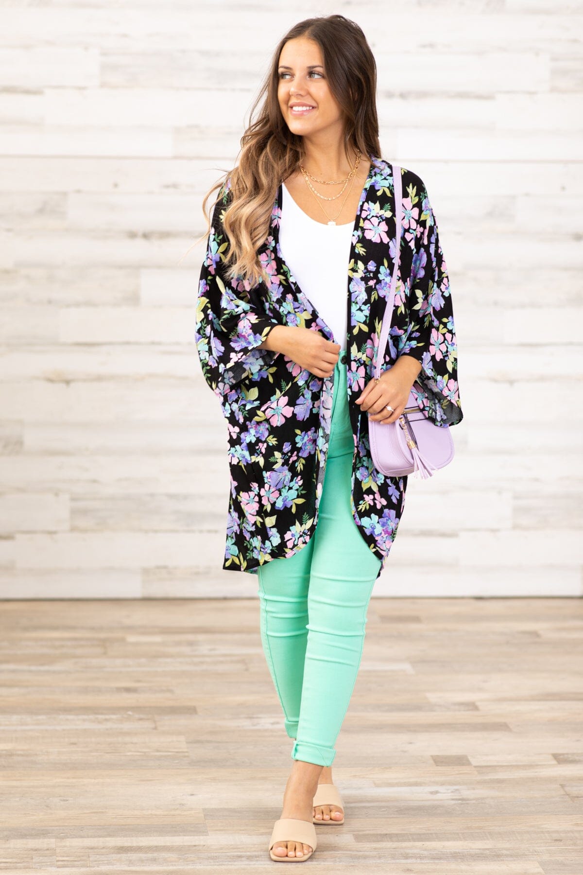 Black and Lavender Multicolor Floral Kimono - Filly Flair