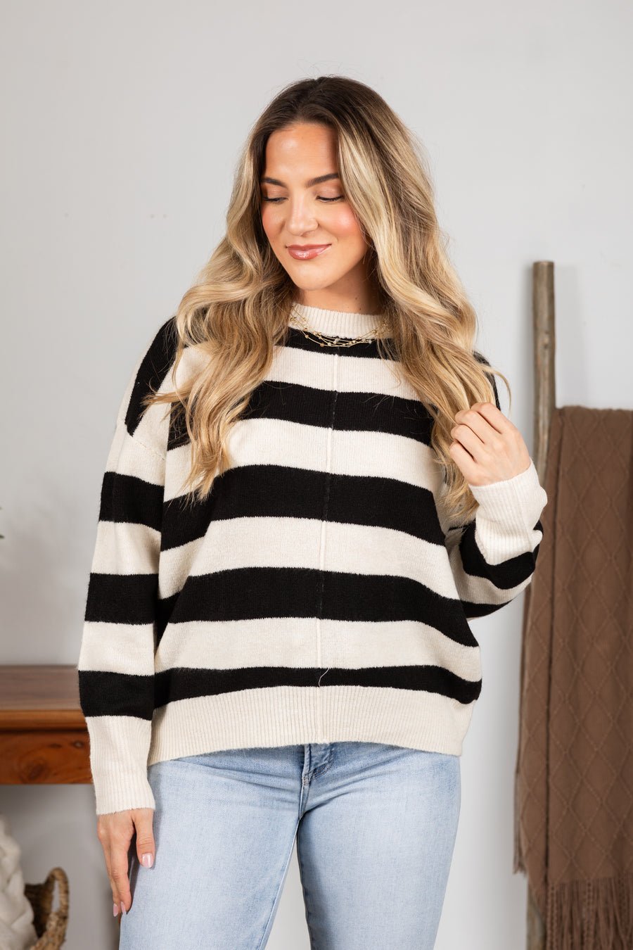 Black and Ivory Stripe Knit Sweater