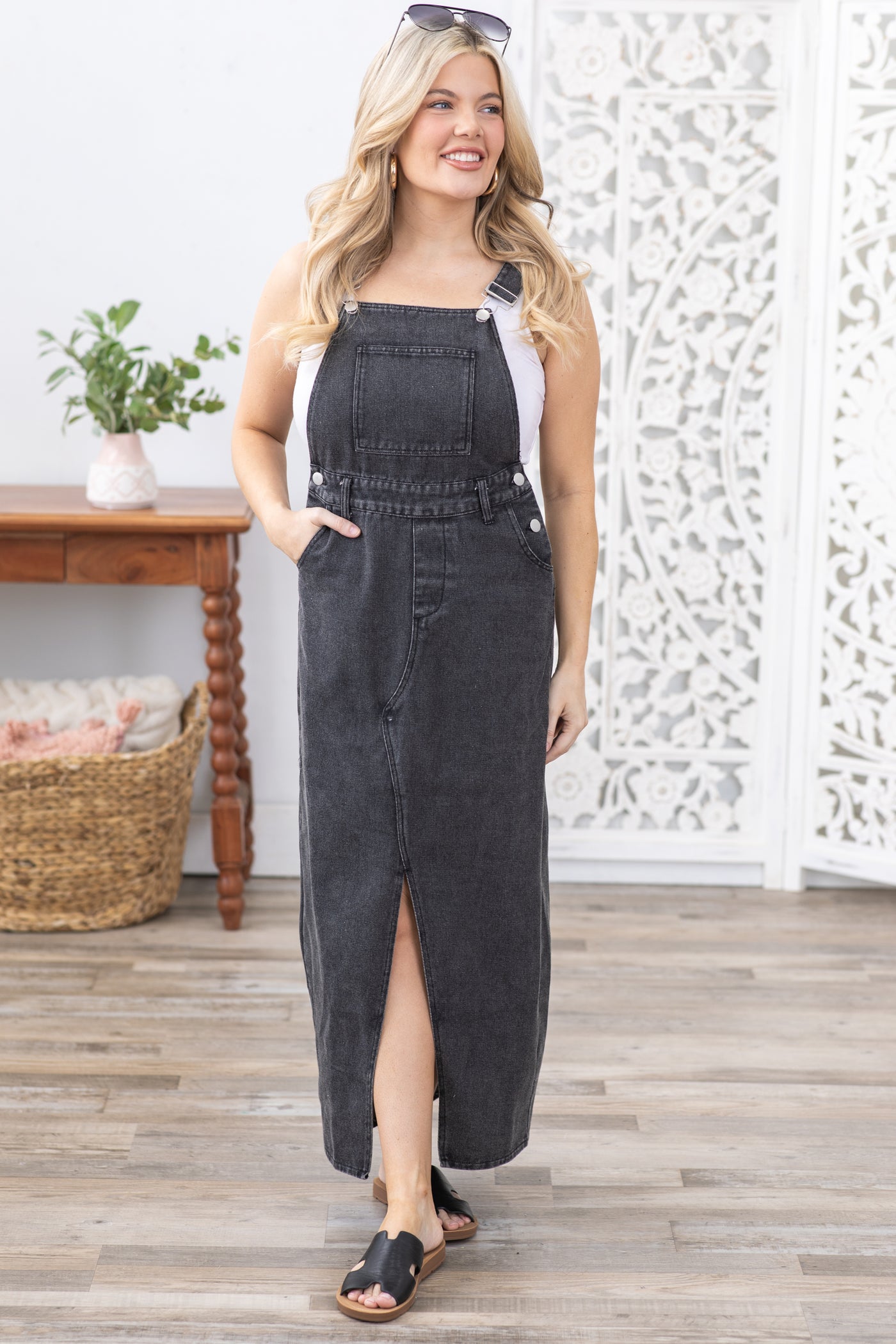Black Washed Denim Overall Dress - S Black Washed Denim Overall Dress - S