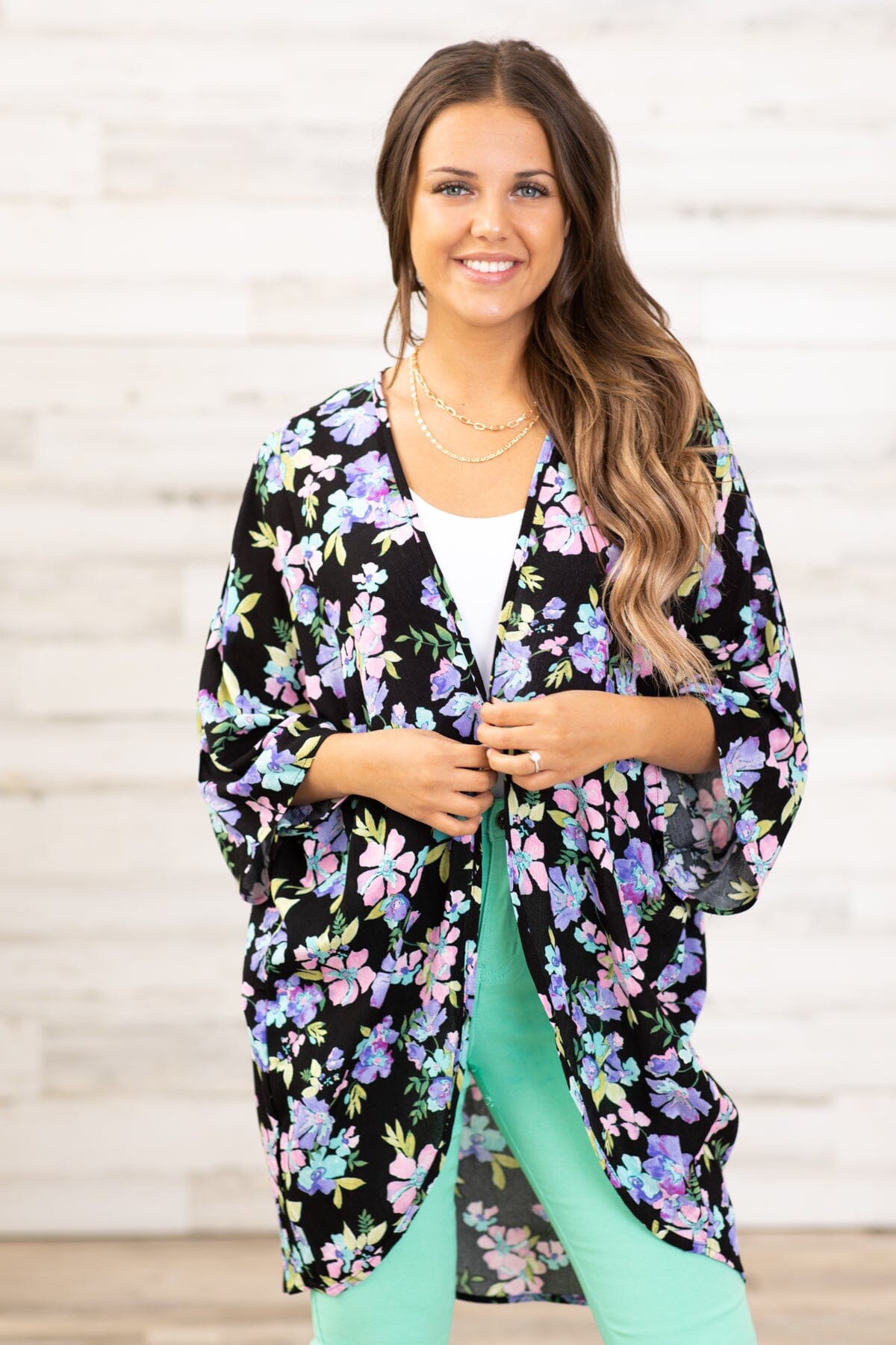 Black and Lavender Multicolor Floral Kimono - Filly Flair