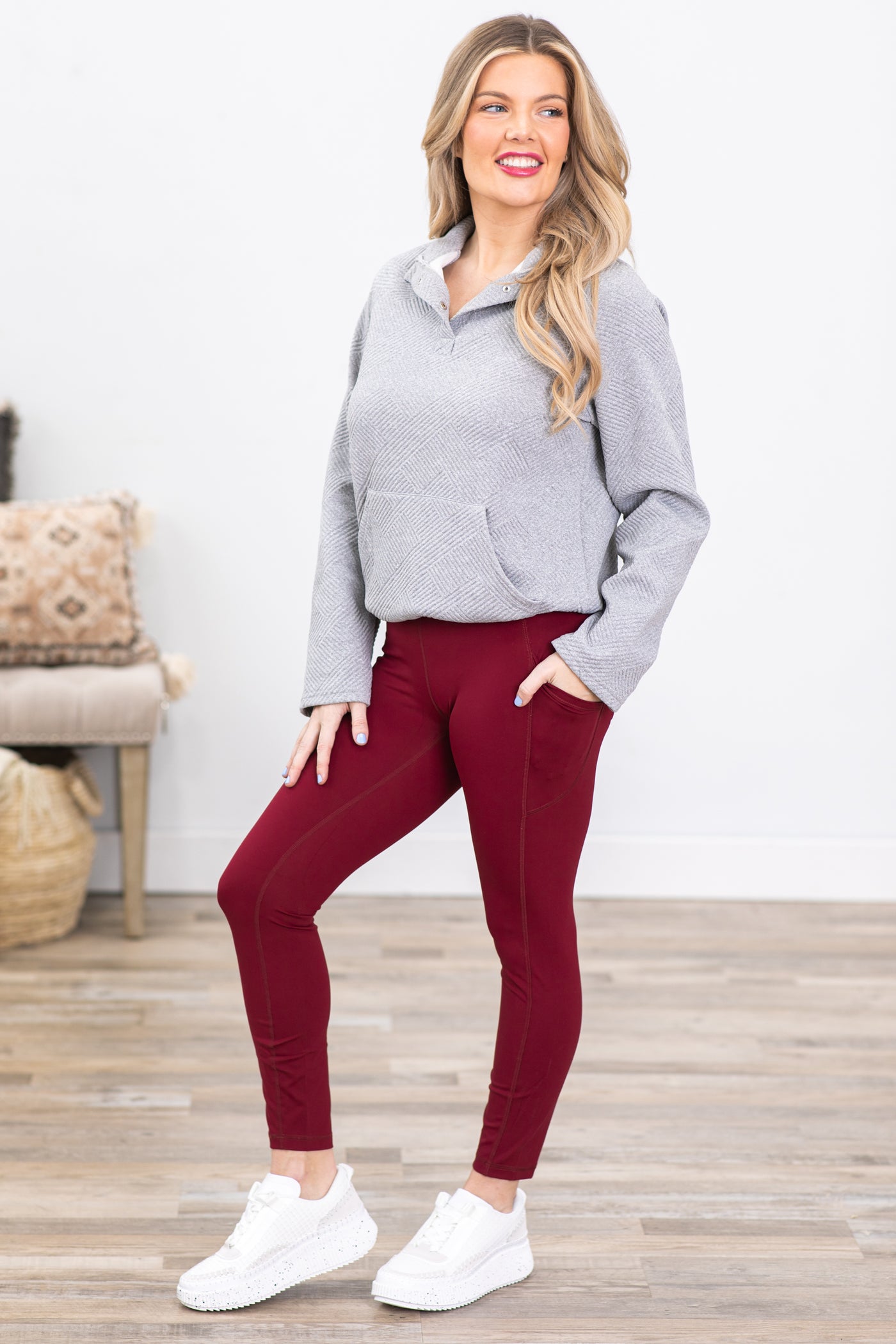 Burgundy Wide Waistband Leggings With Pocket · Filly Flair
