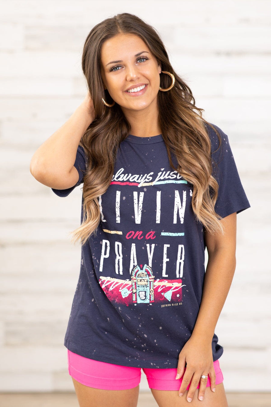 Navy Bleached Livin' On A Prayer Graphic Tee - Filly Flair