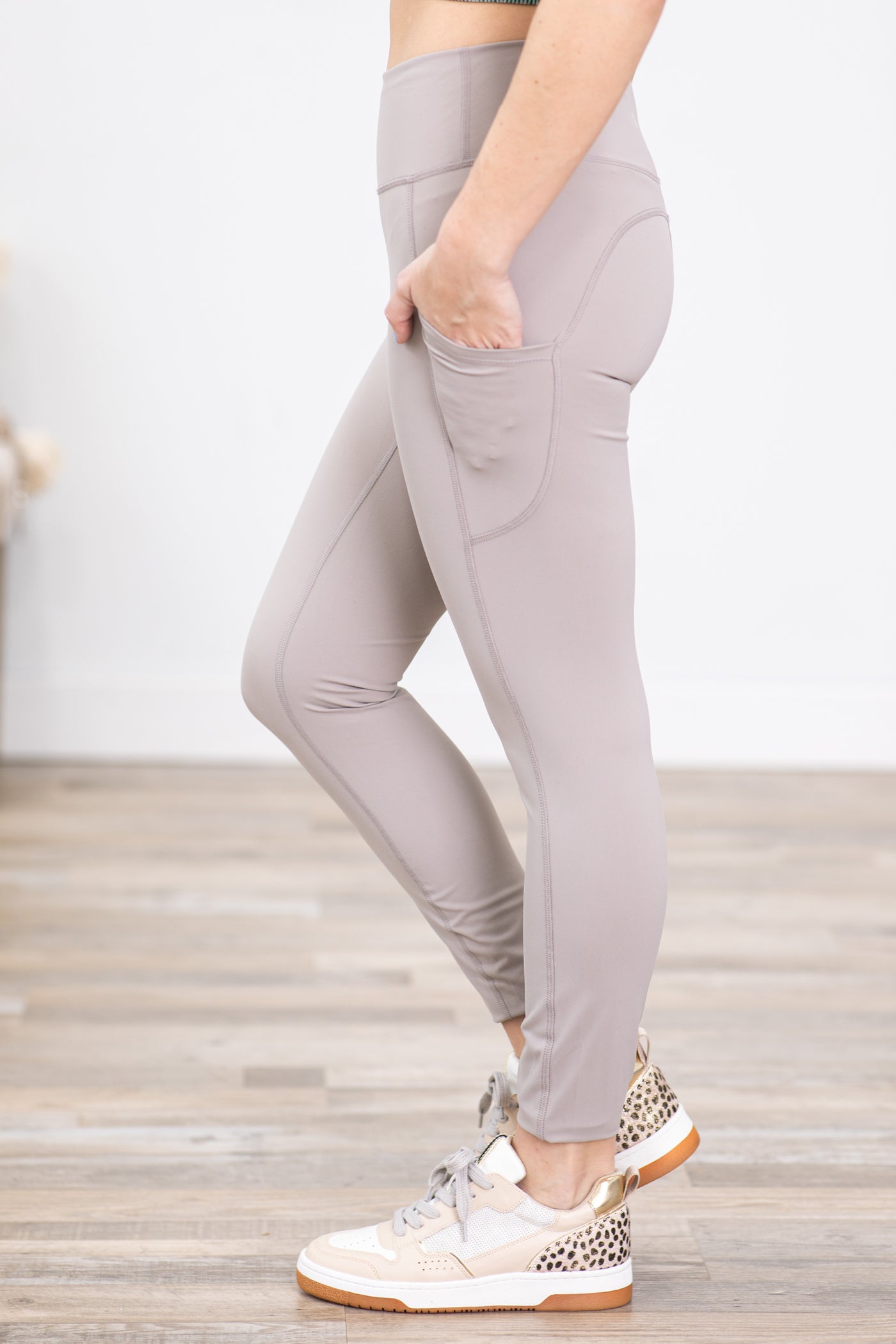 Dark Beige Wide Waistband Leggings With Pocket · Filly Flair