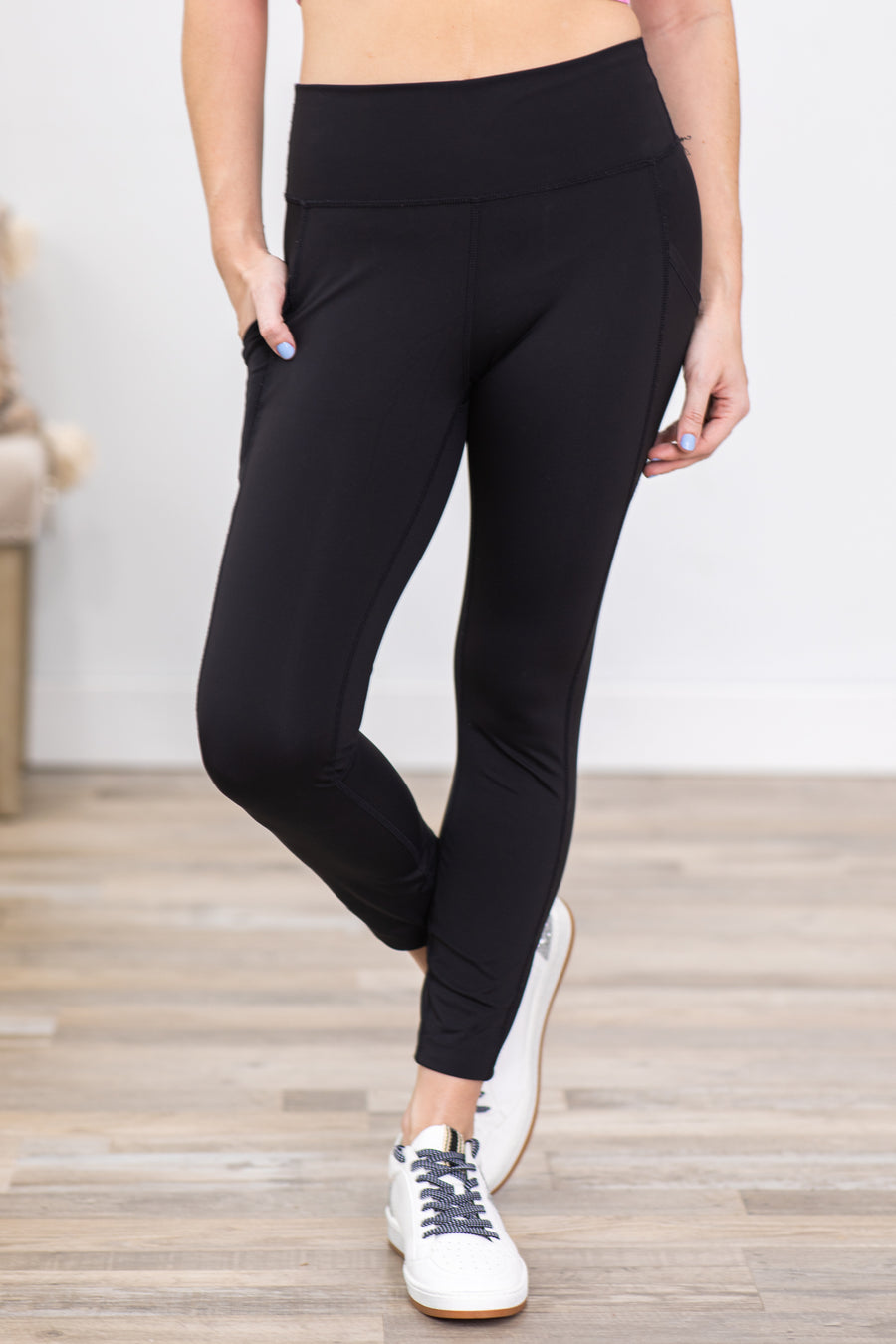 Black Wide Waistband Leggings With Pocket