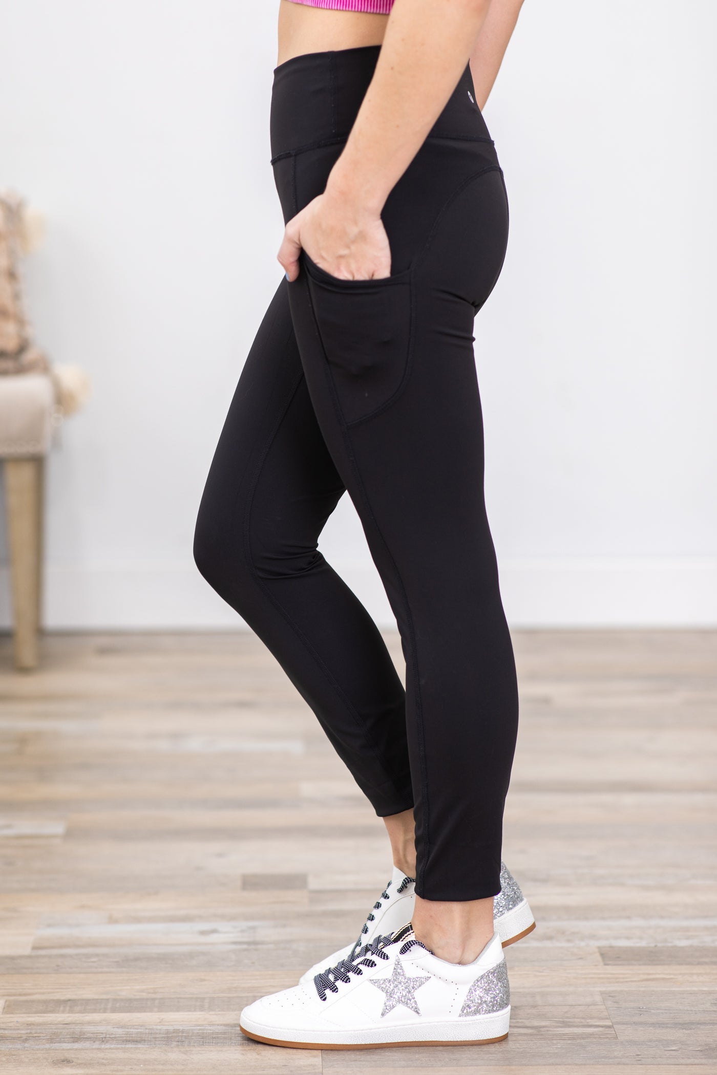 Black Wide Waistband Leggings With Pocket