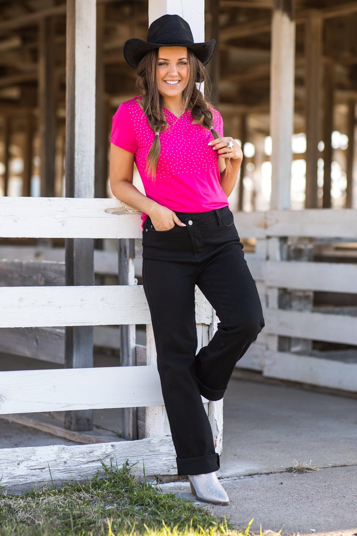 Hot Pink Rhinestone Studded Top With Cutouts - Filly Flair