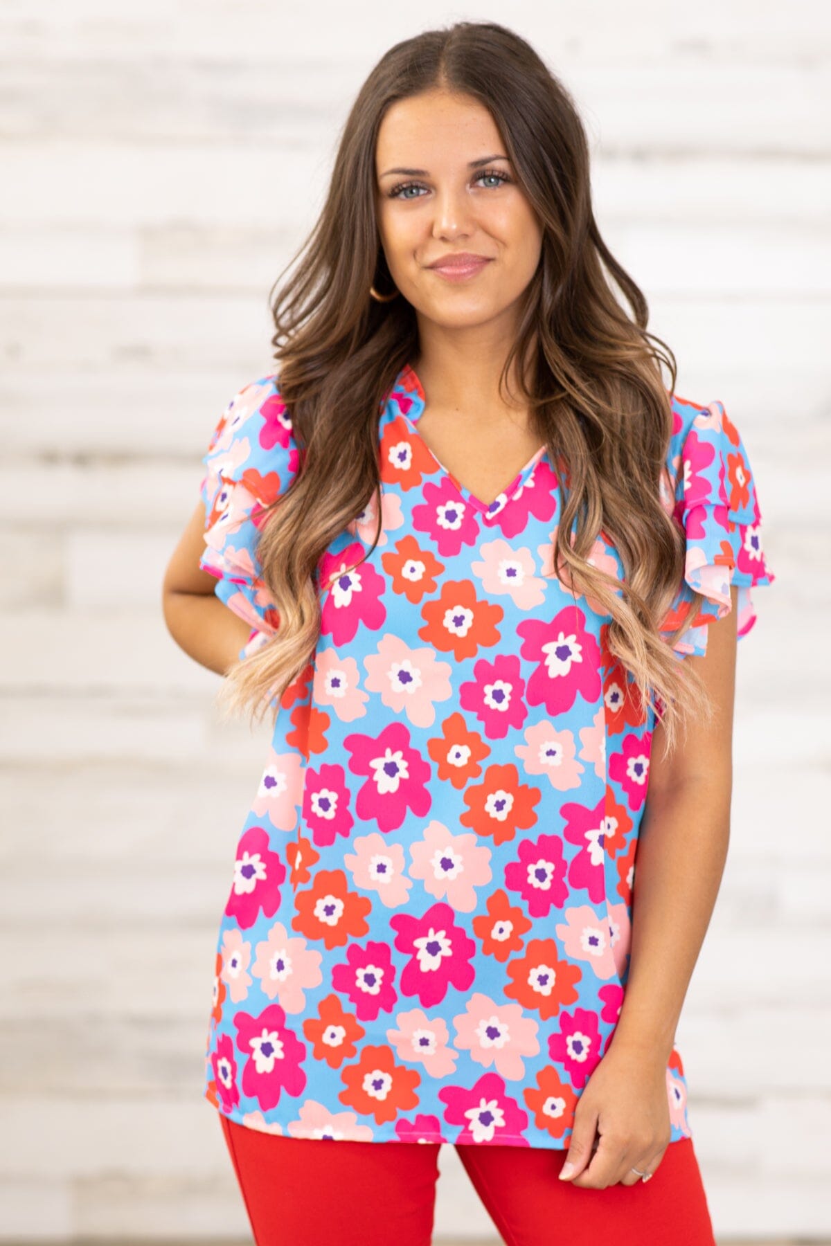 Hot Pink and Cornflower Floral Print Top - Filly Flair