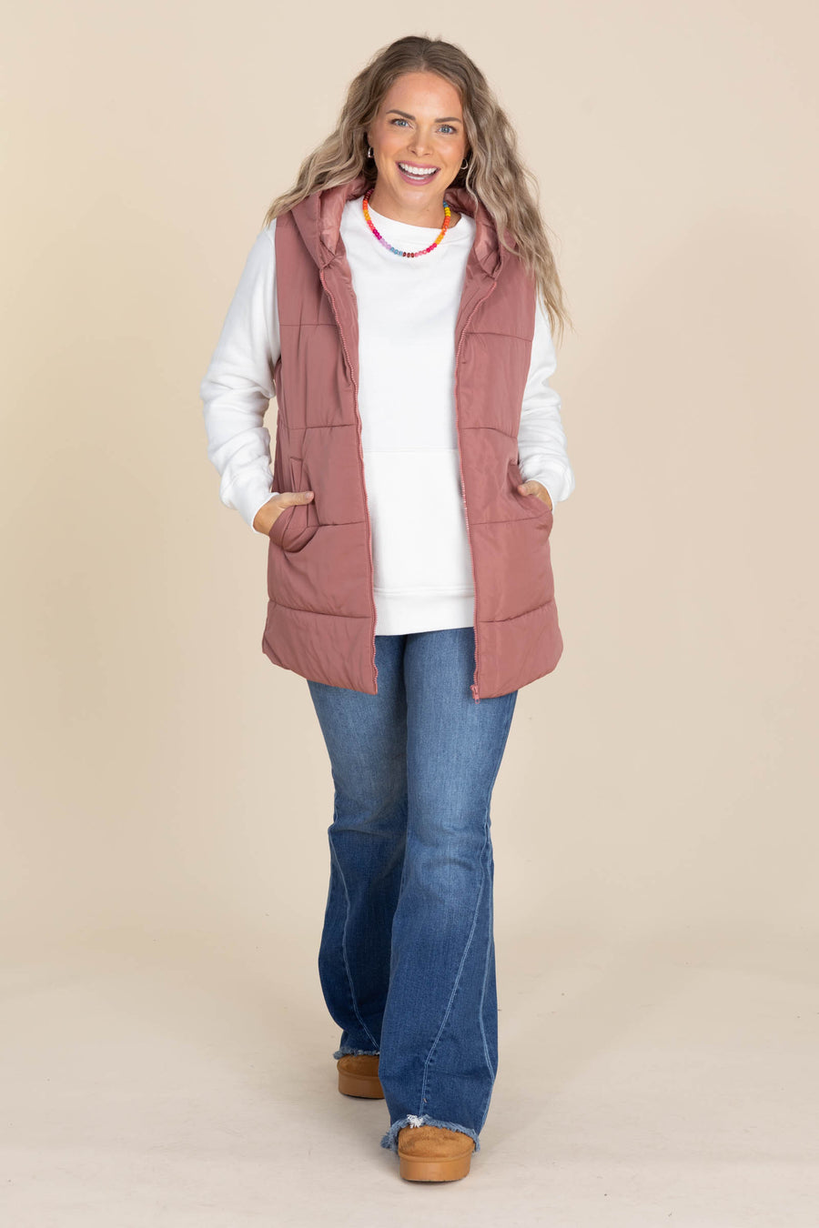 Hooded Tunic Puffer Vests With Pockets