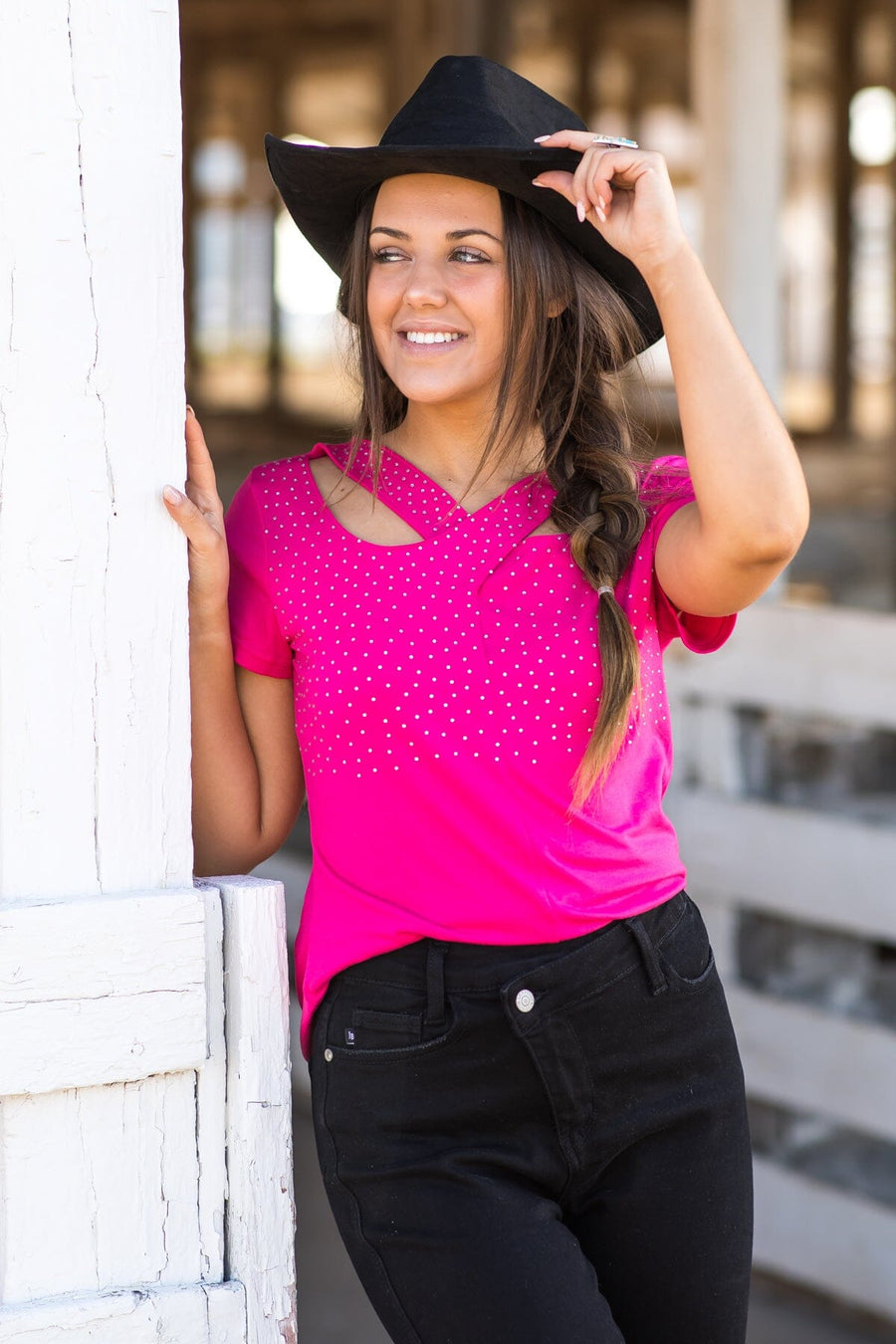 Hot Pink Rhinestone Studded Top With Cutouts - Filly Flair