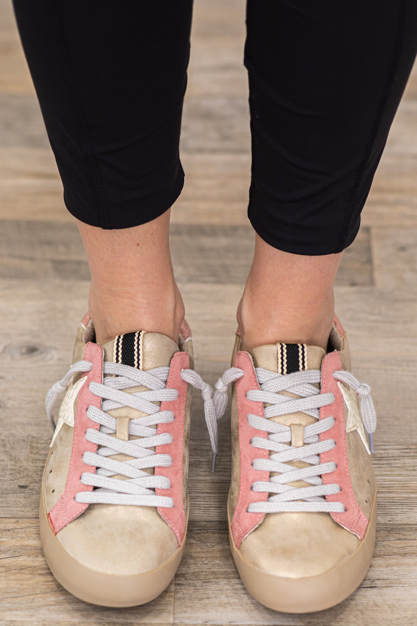 Pink and Gold Distressed Lace Up Sneakers
