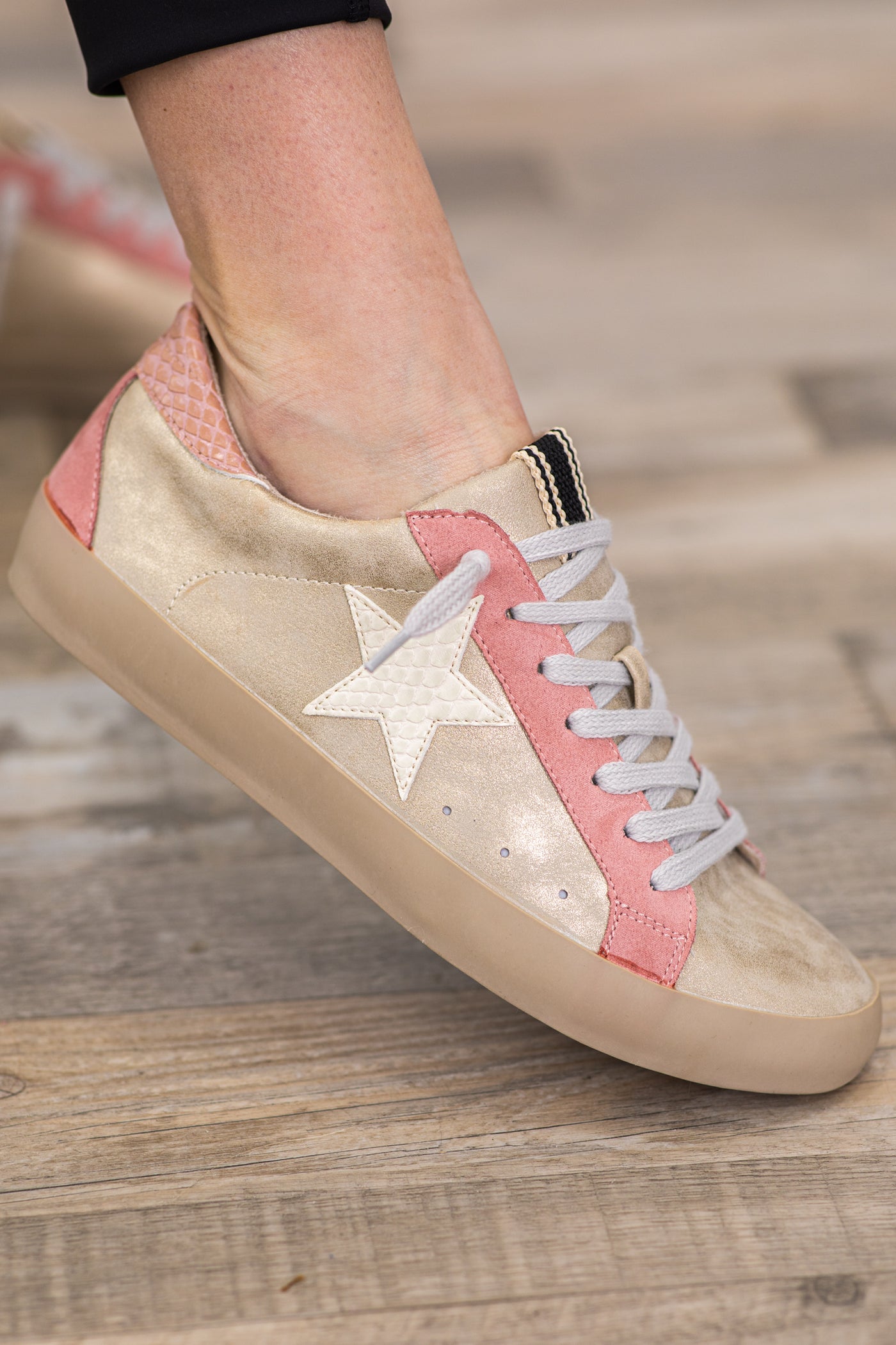 Pink and Gold Distressed Lace Up Sneakers