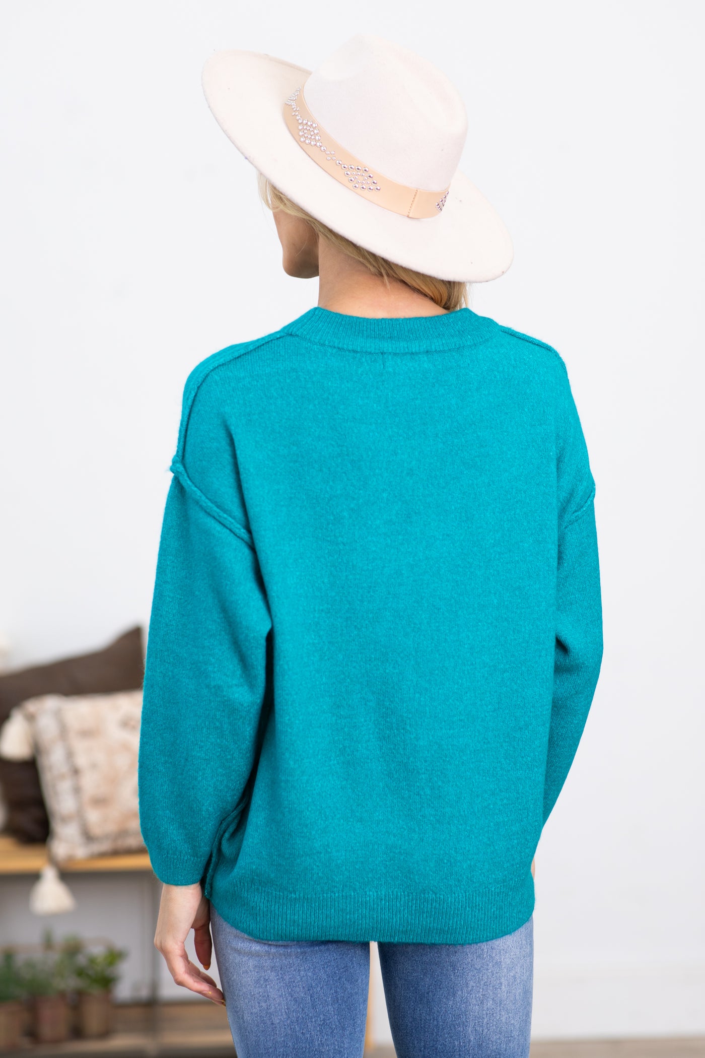 Teal Garment Dyed Front Seam Sweater