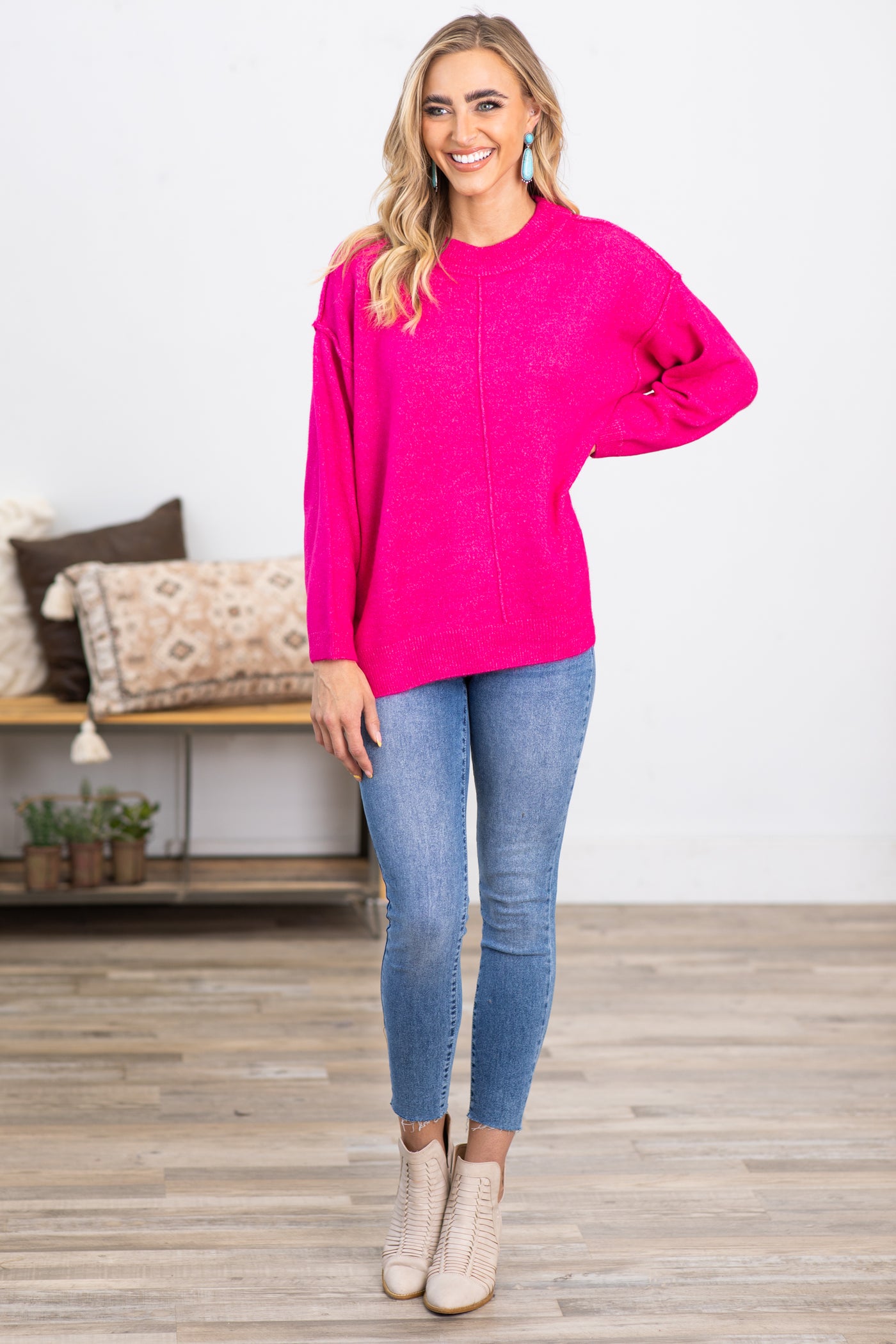 Hot Pink Garment Dyed Front Seam Sweater
