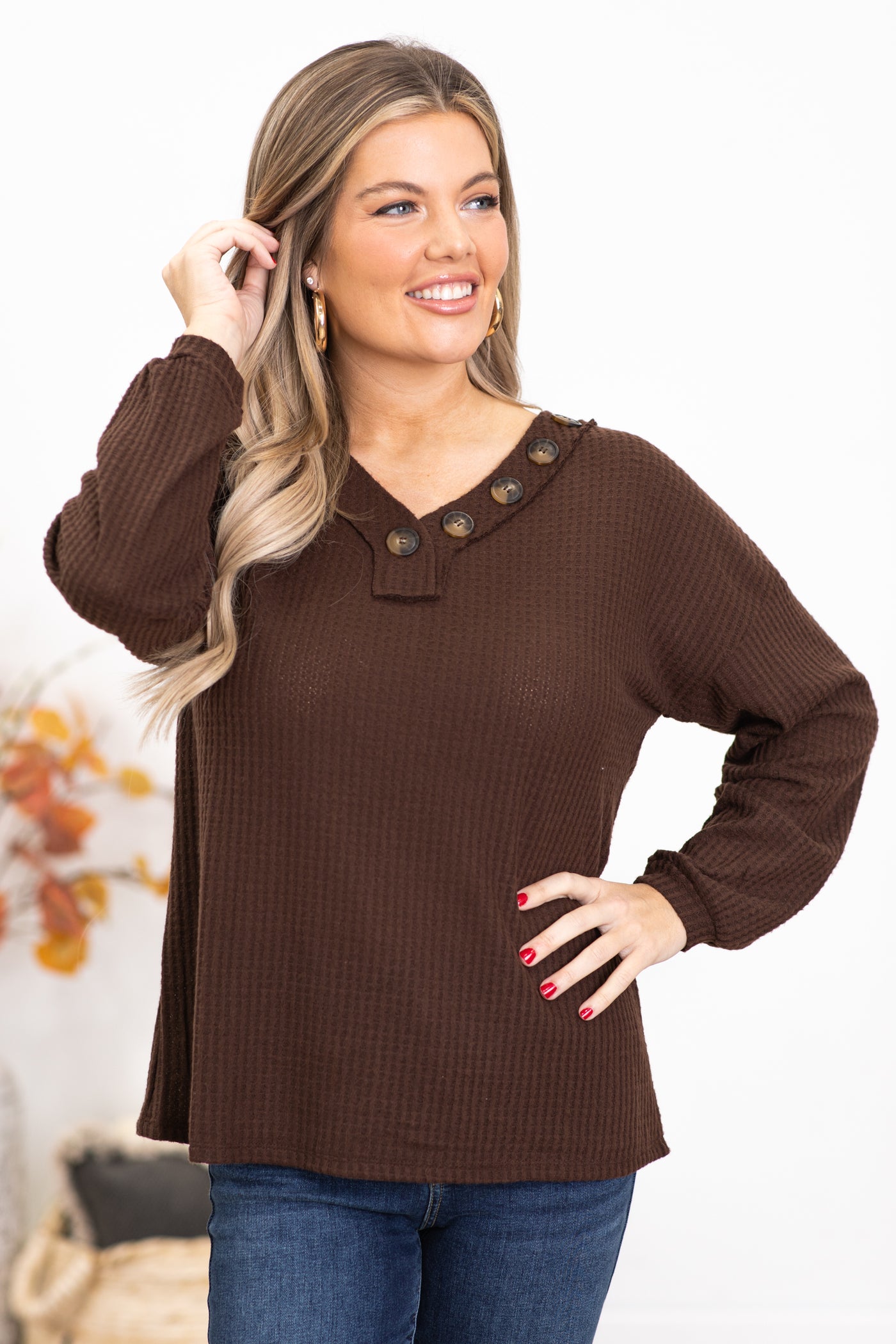 Brown Brushed Waffle Knit Sweater