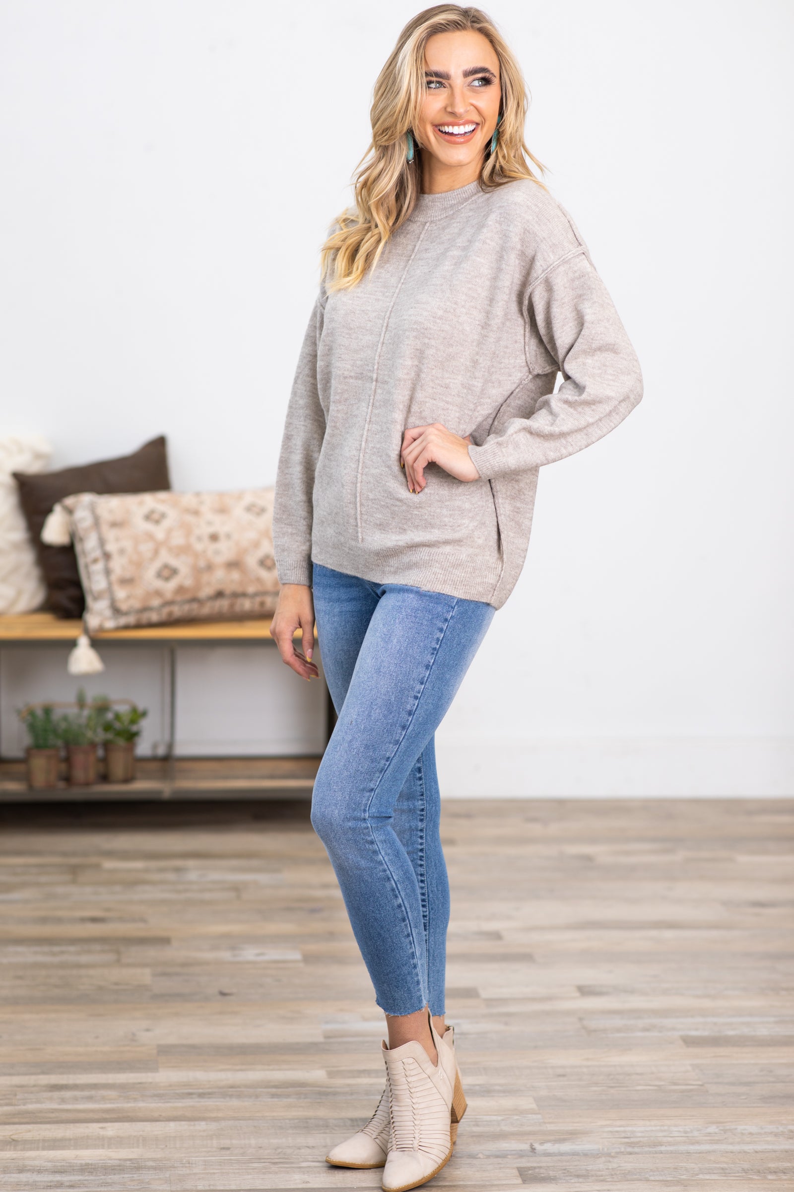 Oatmeal Garment Dyed Front Seam Sweater