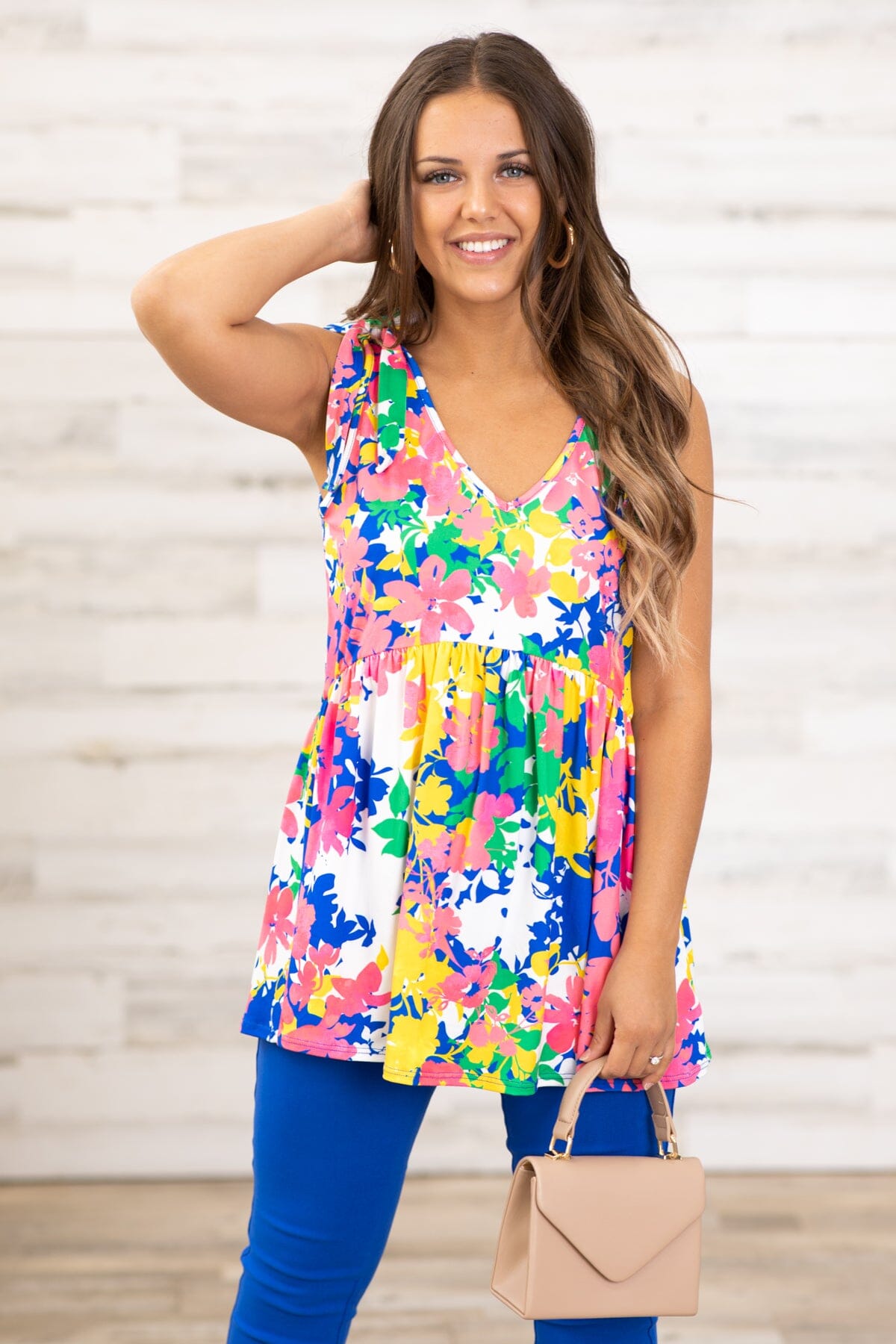 Pink and Cobalt Multicolor Floral Babydoll Top - Filly Flair