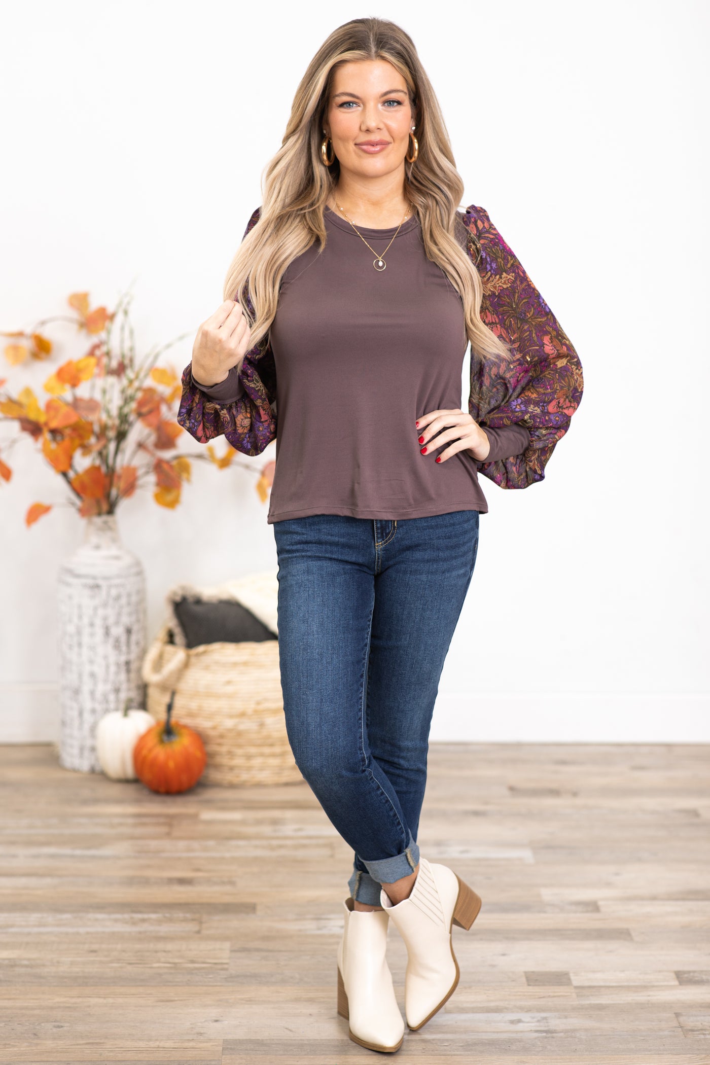 Mauve Top With Floral Print Balloon Sleeves