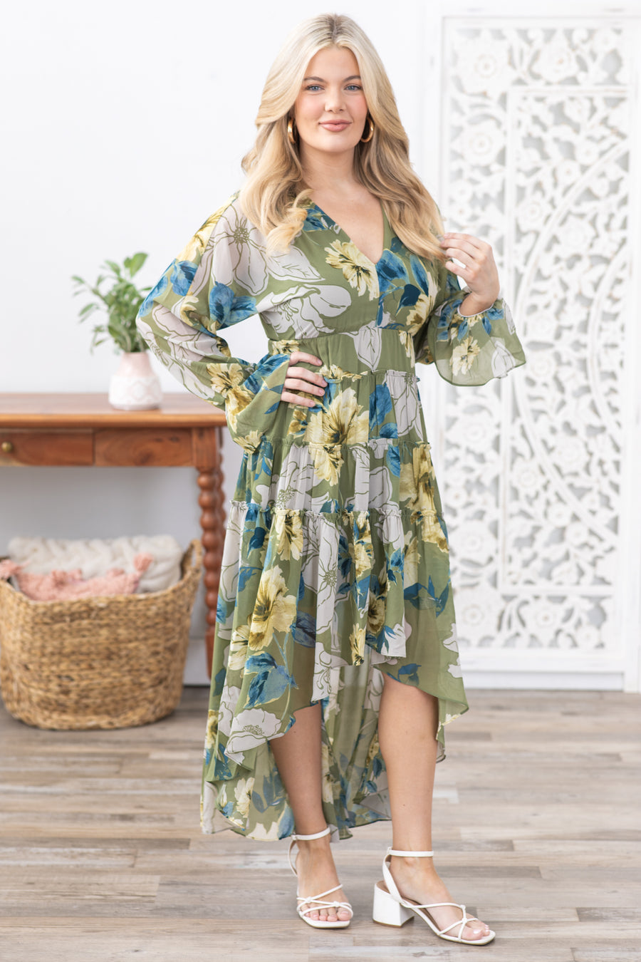 Olive Floral V-Neck Long Sleeve Maxi Dress