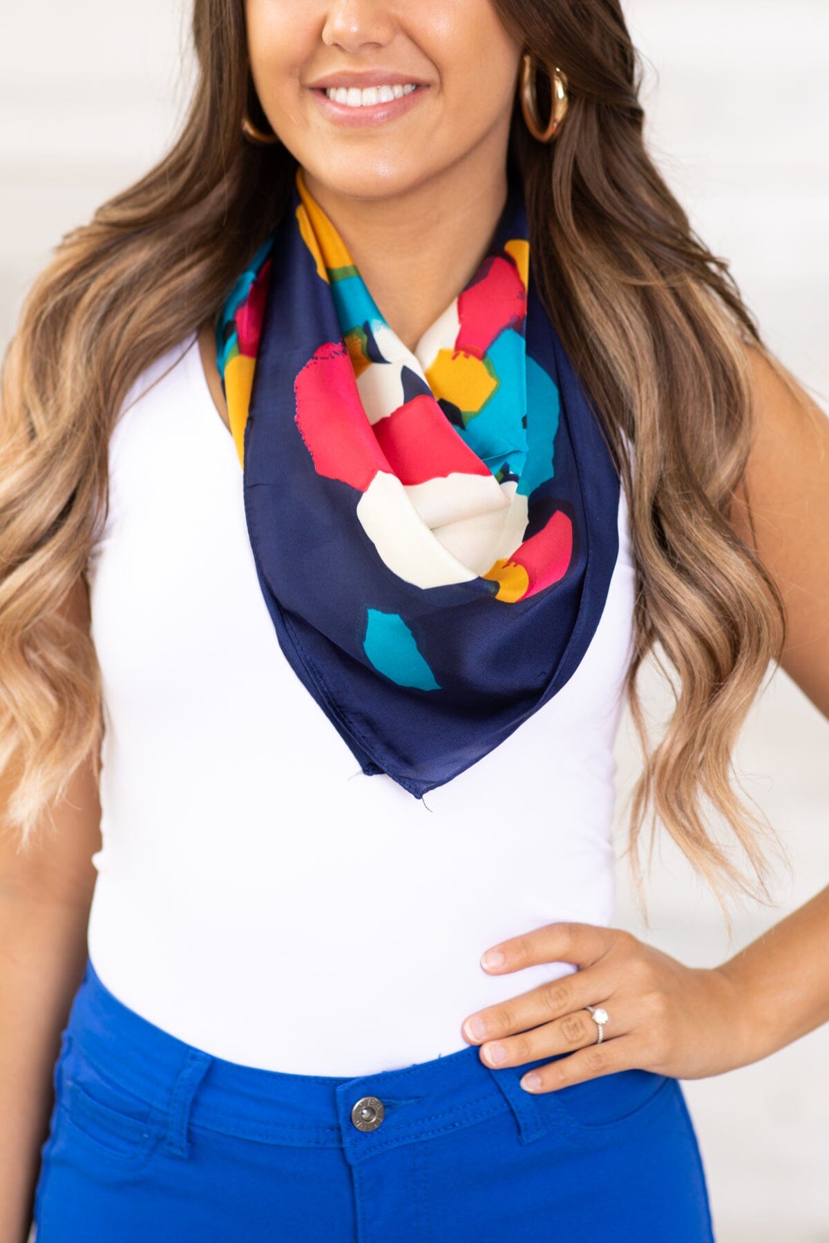 Navy Multicolor Abstract Print Square Scarf - Filly Flair