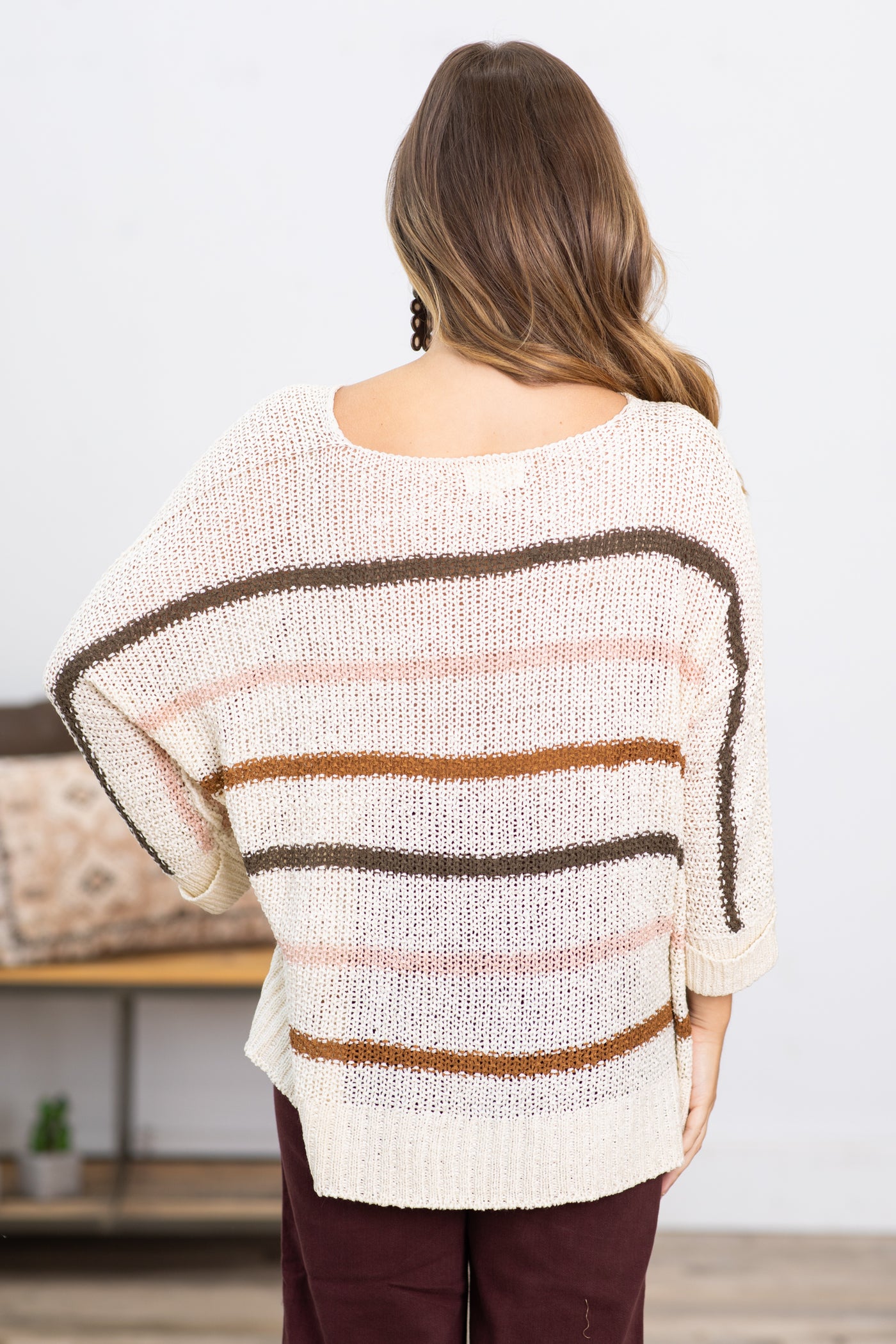Cream and Olive Stripe Lightewight Sweater